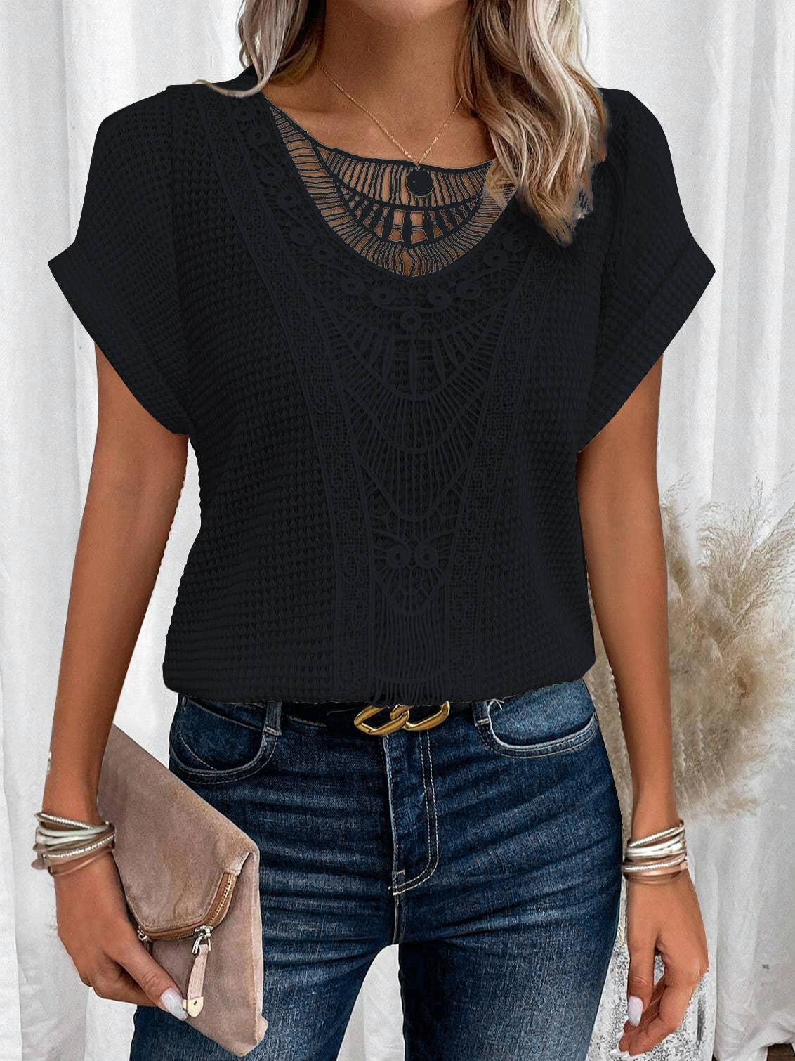 Lace Neckline Top - Black