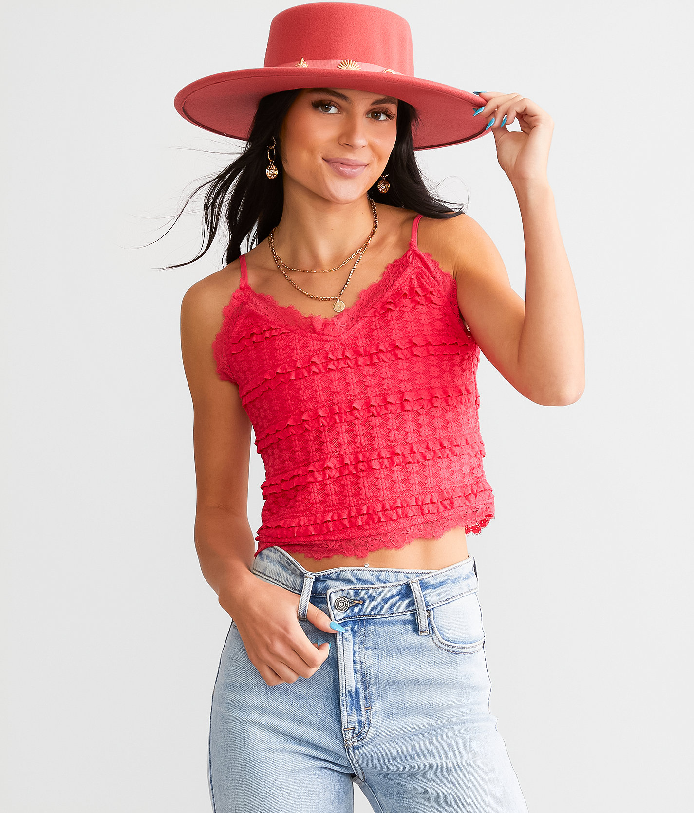 Willow & Root Ruffle Eyelash Lace Cropped Tank Top - Women's Tank Tops in Azalea