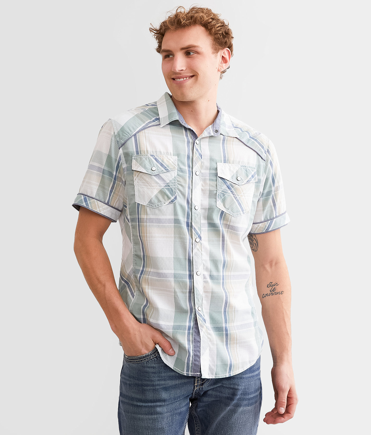 BKE Plaid Athletic Shirt - Men's Shirts in White Green