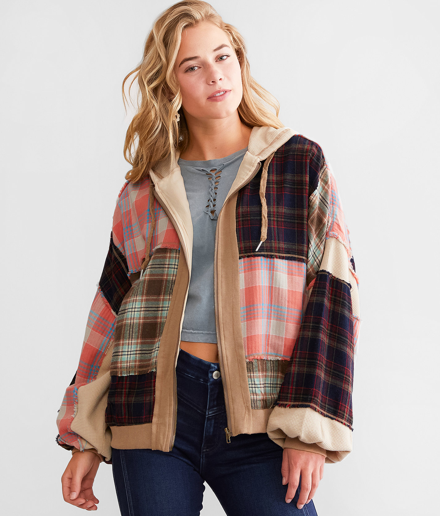 Oli & Hali Pieced Plaid Oversized Jacket - Women's Coats & Jackets in Beige