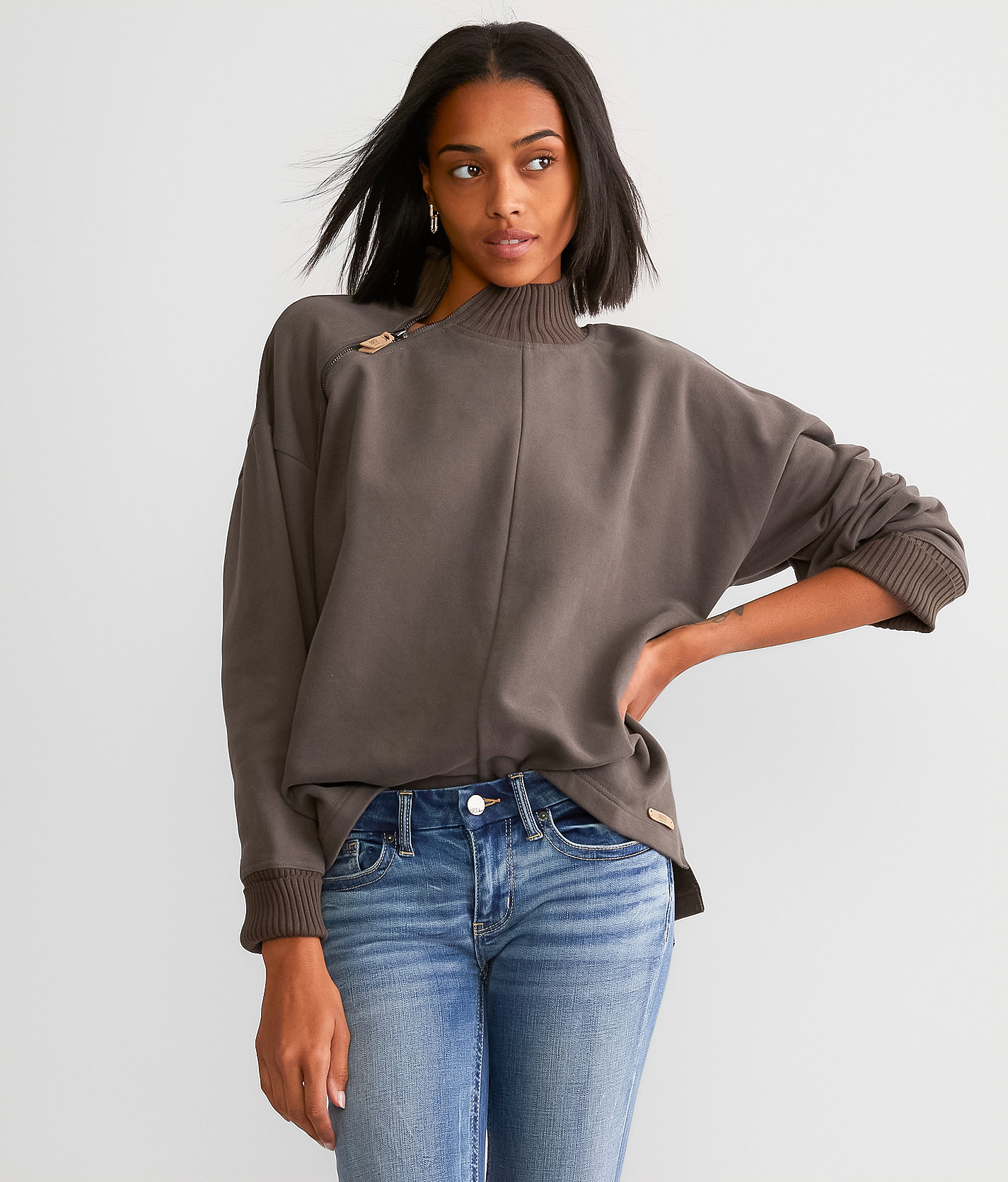 BKE Asymmetrical Quarter Zip Pullover - Women's Sweatshirts in Charcoal Grey