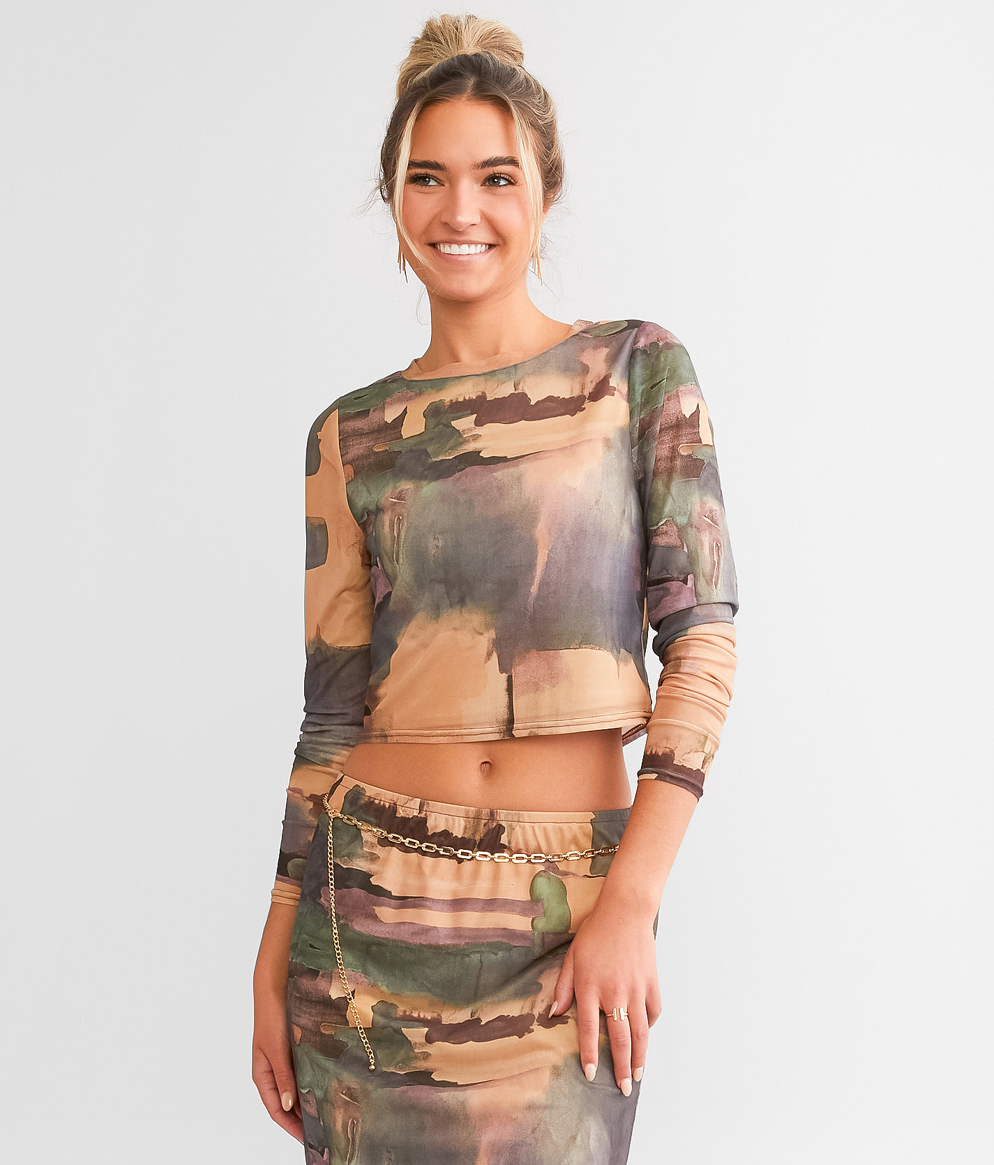 Willow & Root Fitted Mesh Cropped Top - Women's Shirts & Blouses in Tan Blue