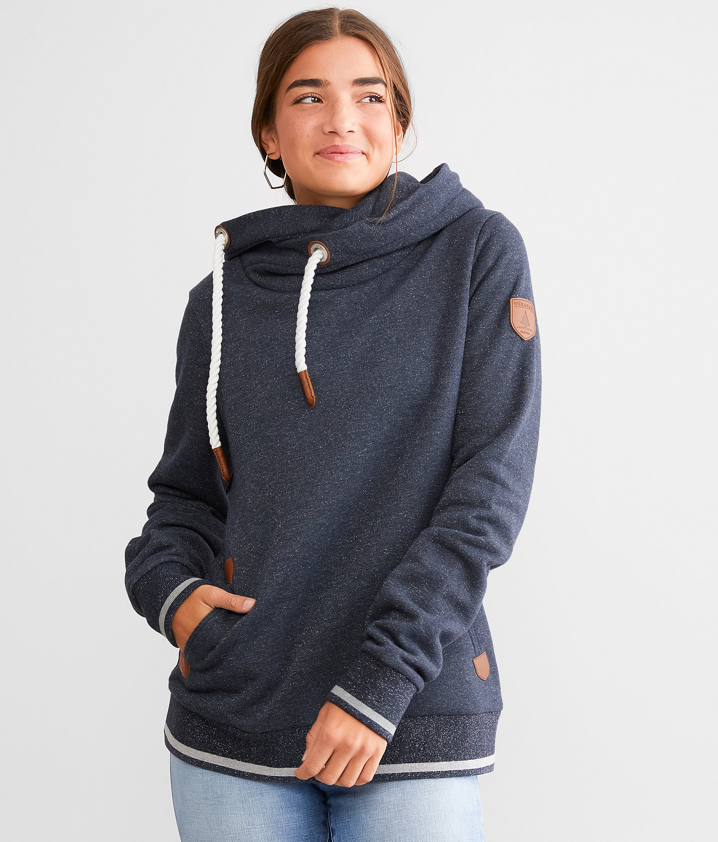 Wanakome Lurex Cowl Neck Hooded Sweatshirt - Women's Sweatshirts in Navy Heather