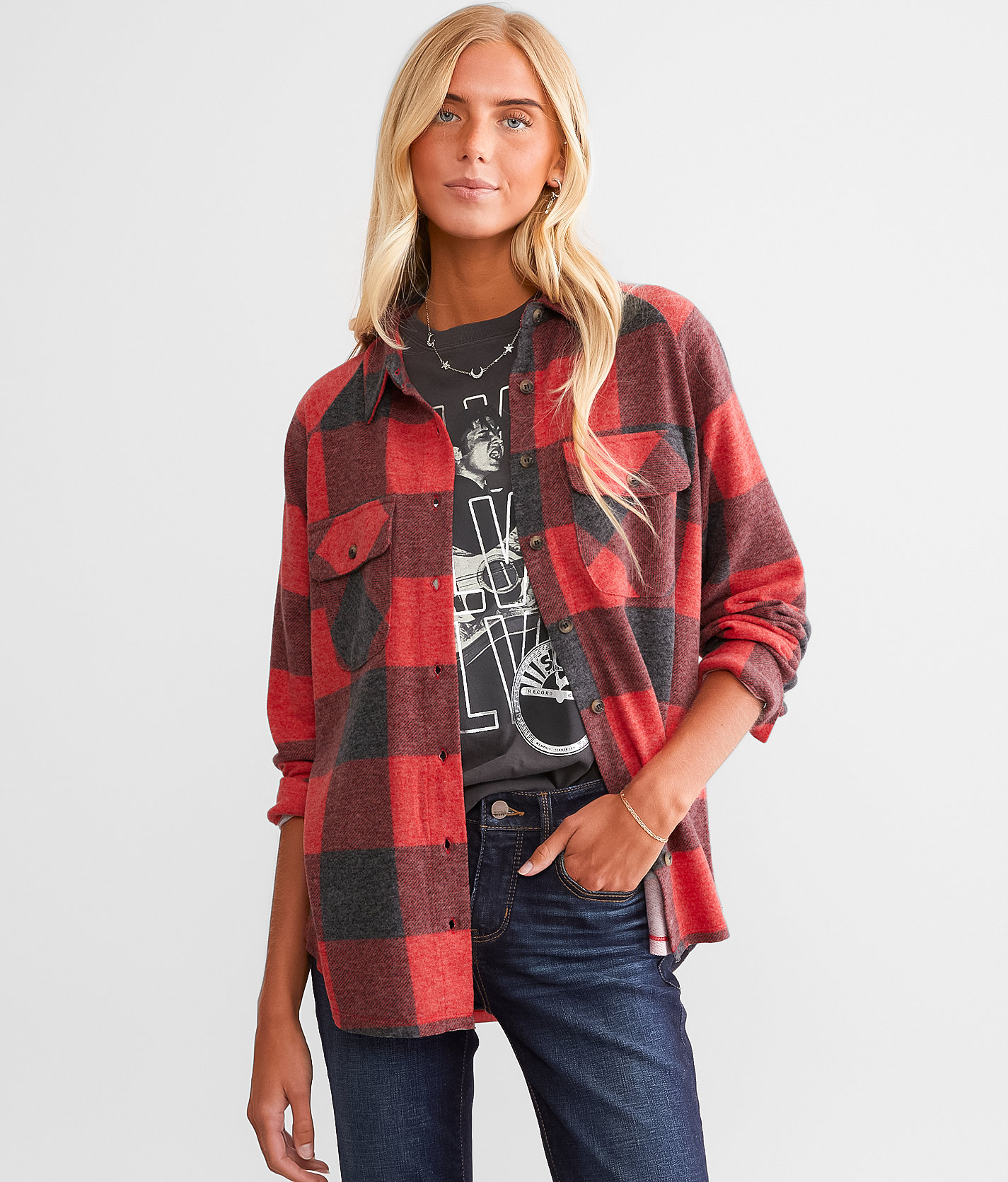 Modish Rebel Brushed Buffalo Plaid Knit Shirt - Women's Shirts & Blouses in Red Black
