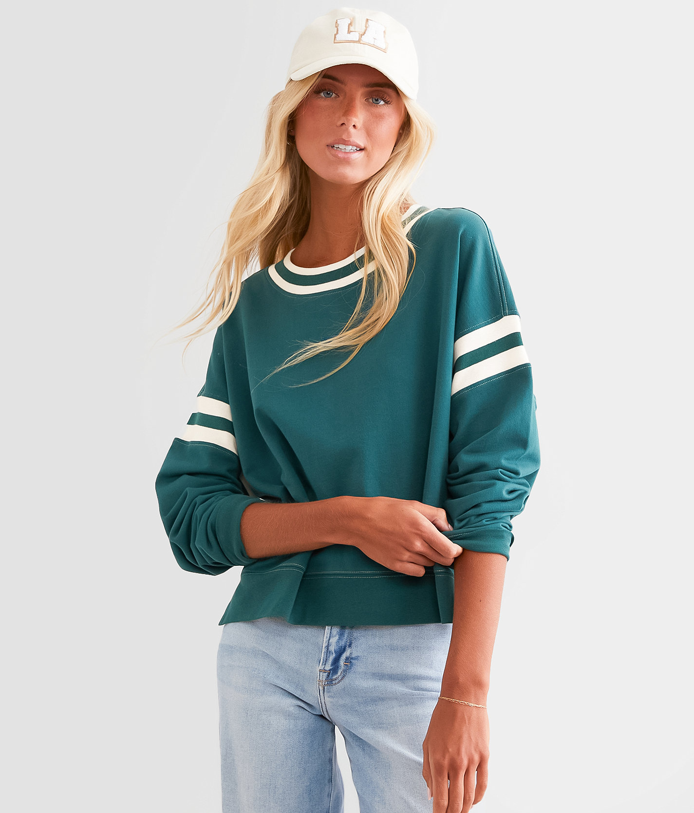 FITZ + EDDI Varsity Stripe Pullover - Women's Sweatshirts in Hunter Green