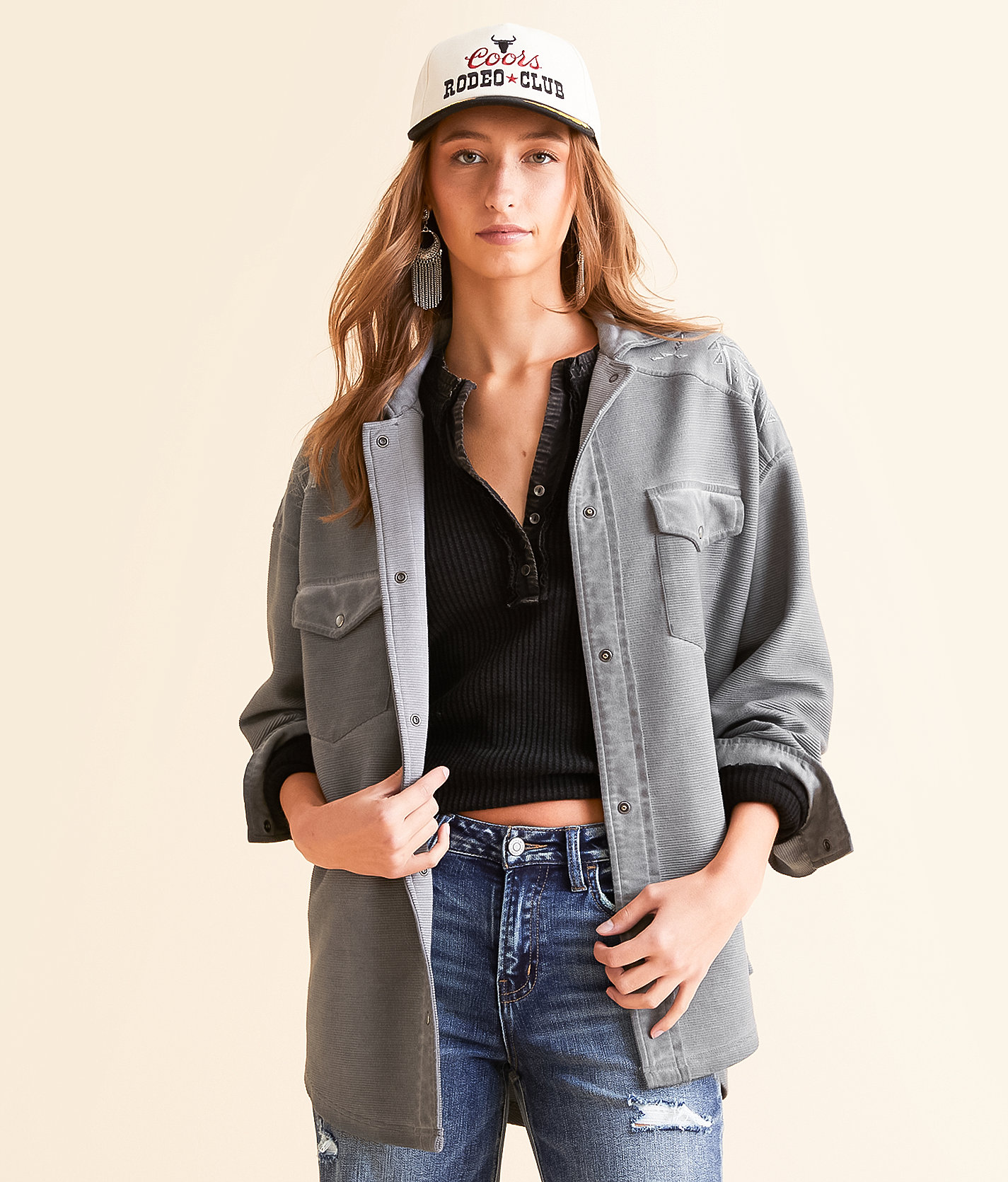 BKE Ribbed Aztec Embroidered Shacket - Women's Coats & Jackets in Charcoal