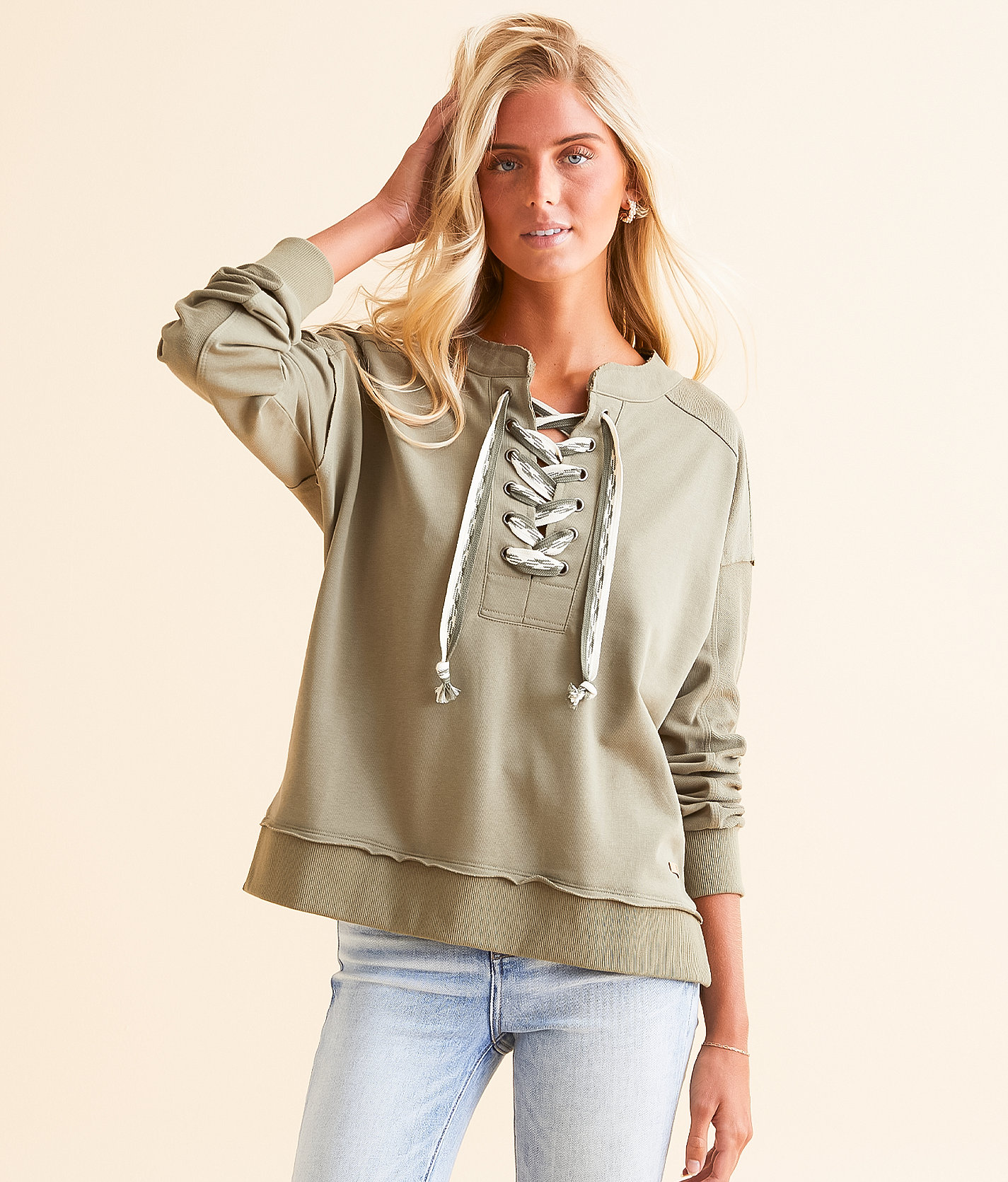 BKE Lace-Up Pullover - Women's Sweatshirts in Dusty Olive