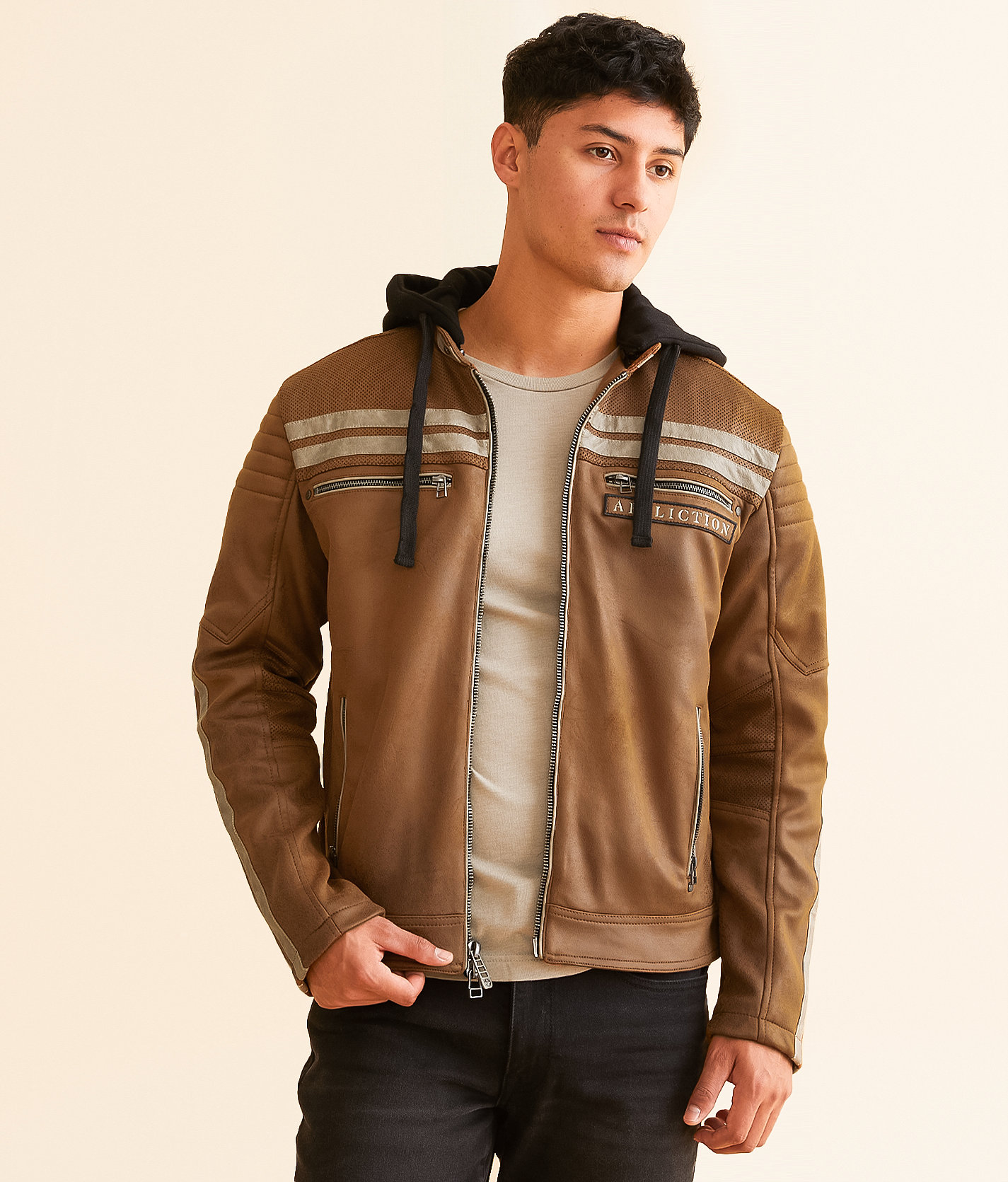 Affliction Quickstrike Faux Leather Hooded Jacket - Men's Coats & Jackets in Tan