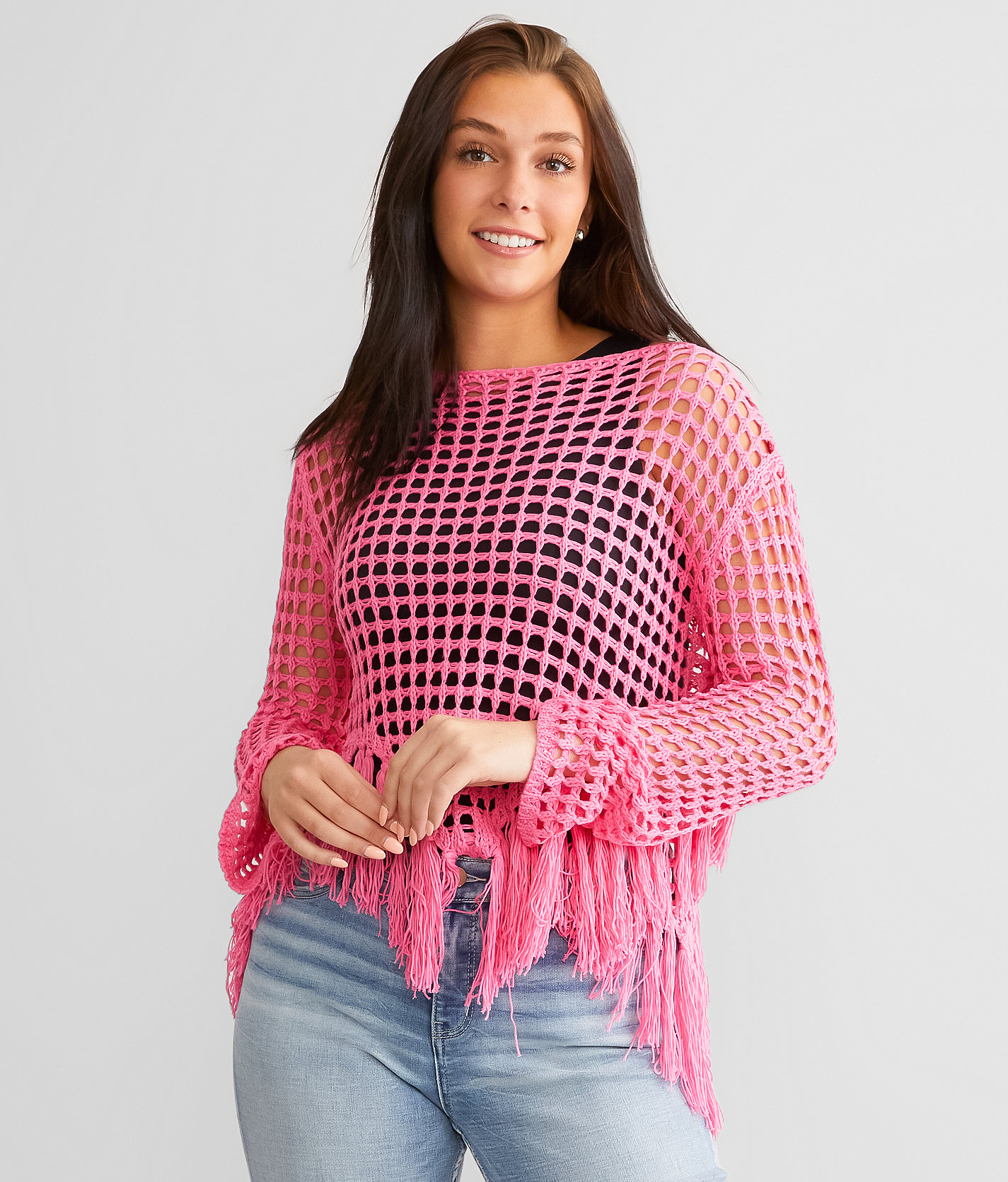 BaeVely Neon Open Stitch Fringe Sweater - Women's Sweaters in Hot Pink