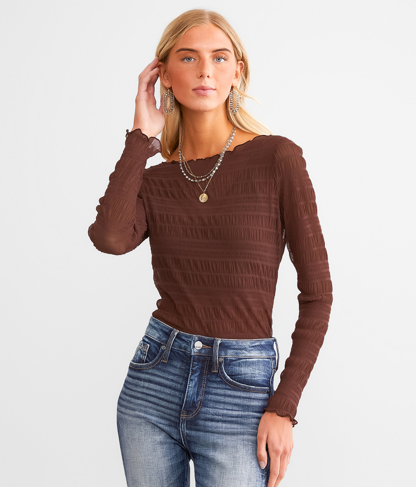 red by BKE Ruched Mesh Top - Women's Shirts & Blouses in Rum Raisin