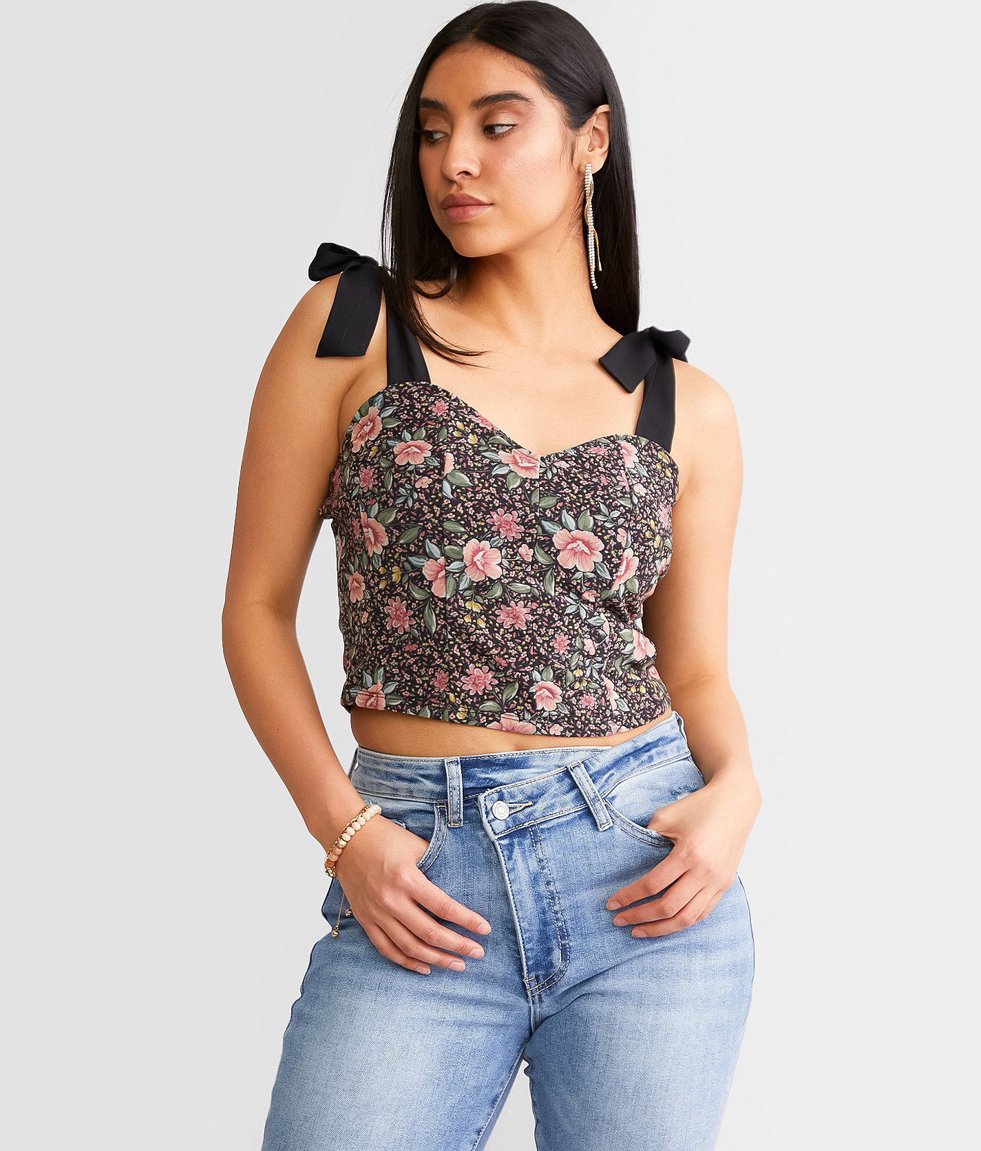 Willow & Root Floral Mesh Corset Cropped Tank Top - Women's Tank Tops in Black Multi