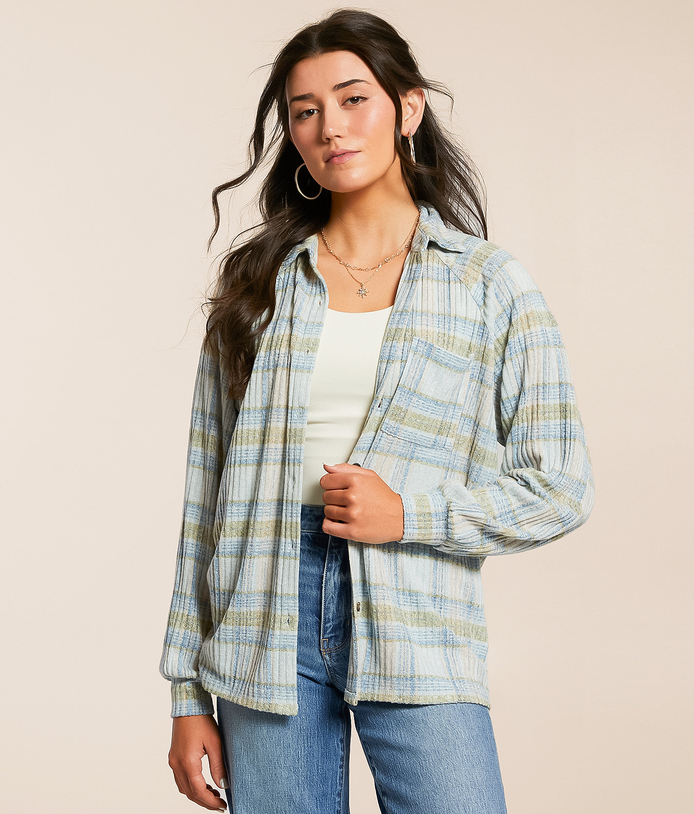 Modish Rebel Plaid Brushed Knit Shirt - Women's Shirts & Blouses in Dusty Blue