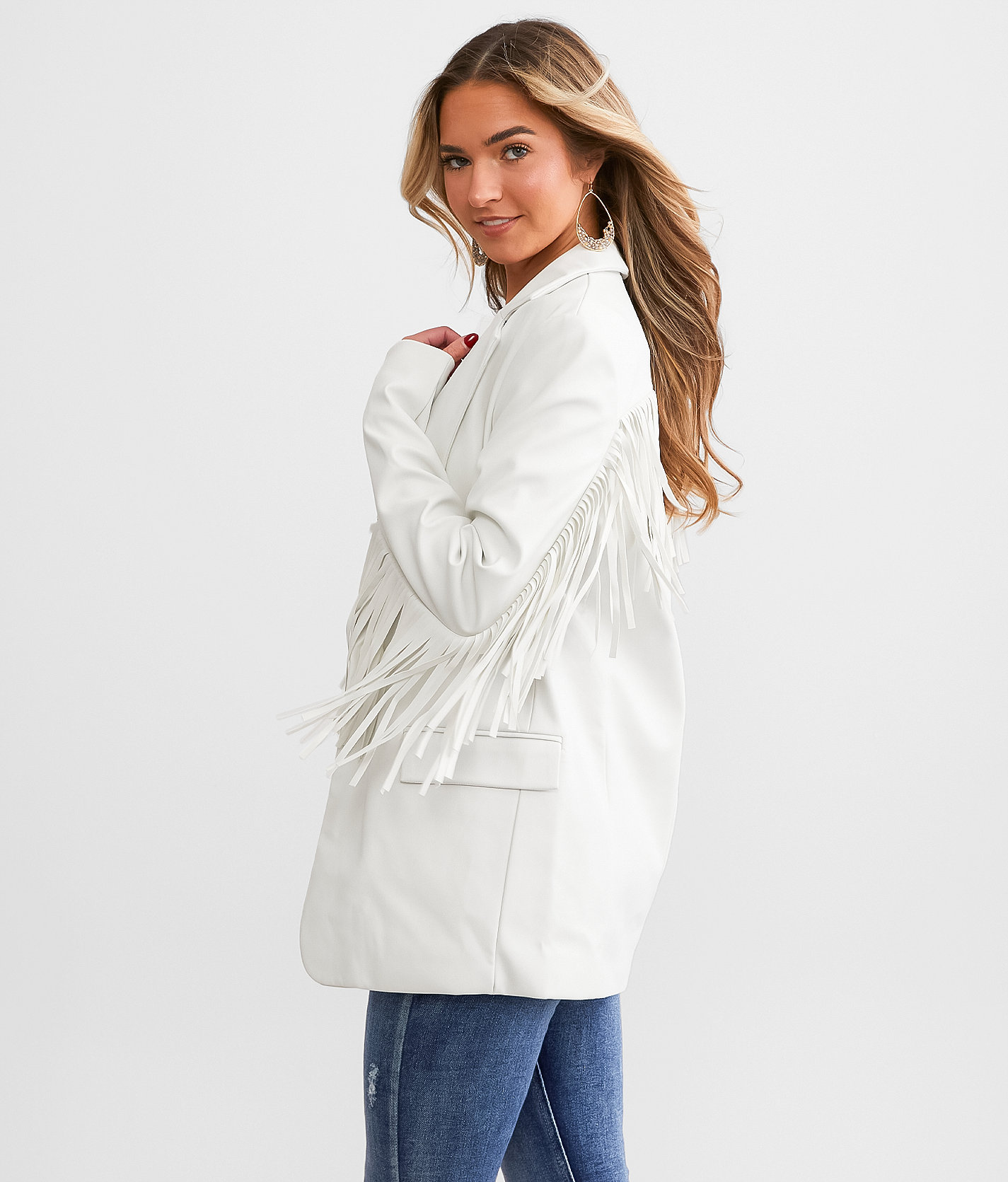 Willow & Root Faux Leather Fringe Blazer - Women's Coats & Jackets in Bone White