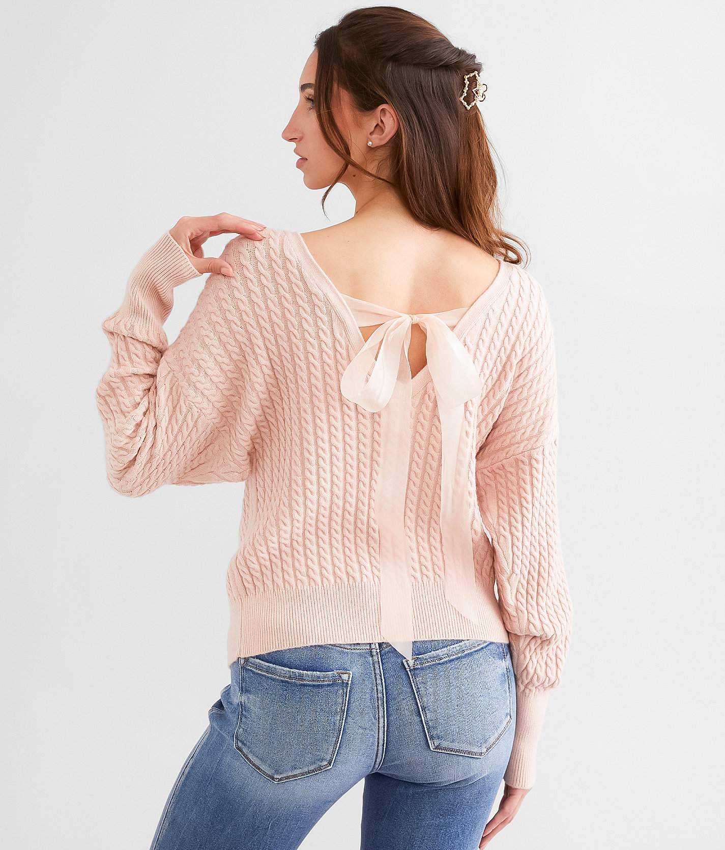 Willow & Root Cable Knit Back Tie Sweater - Women's Sweaters in Rose Smoke