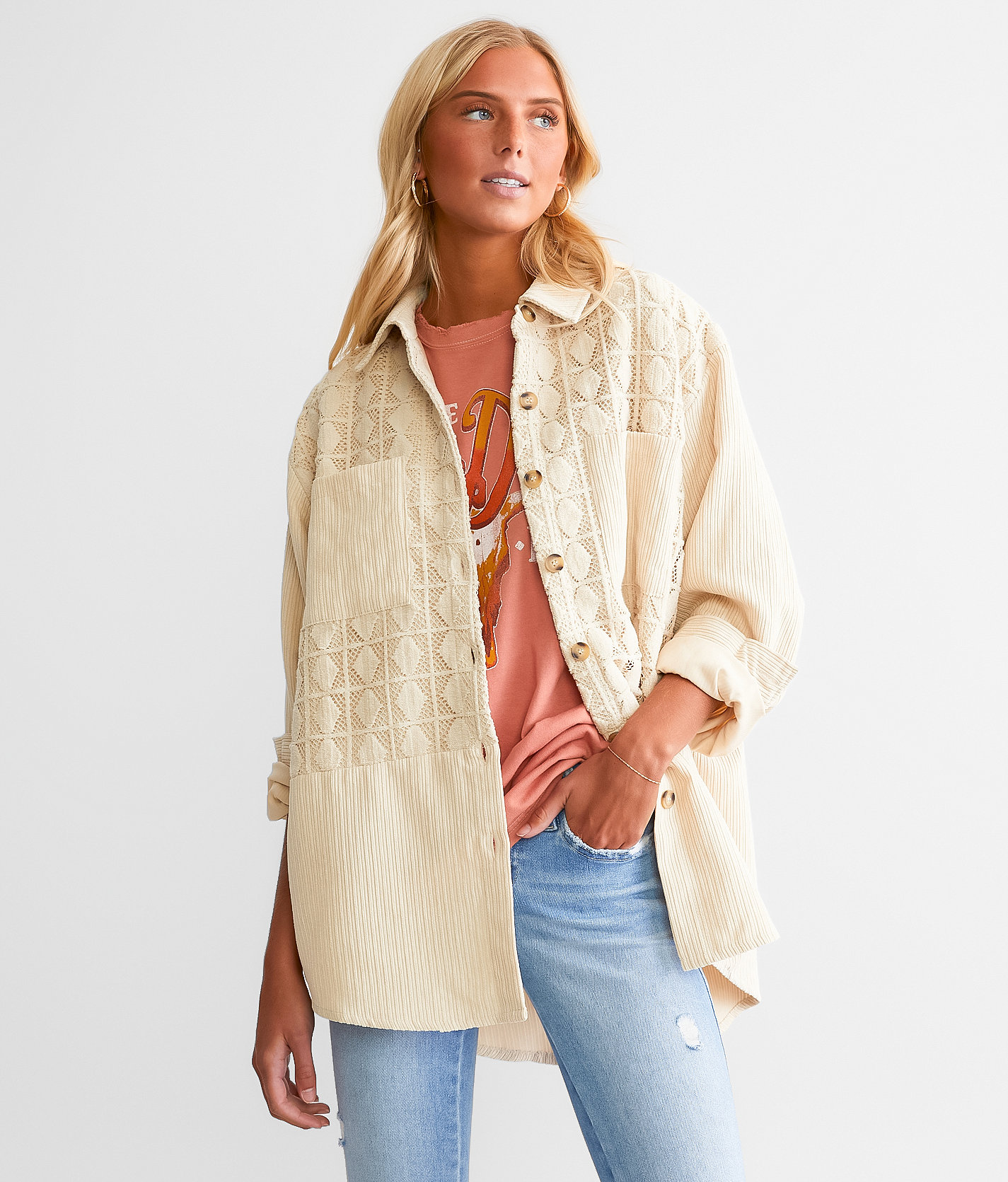 Davi & Dani Oversized Corduroy Shacket - Women's Coats & Jackets in Oyster Gray