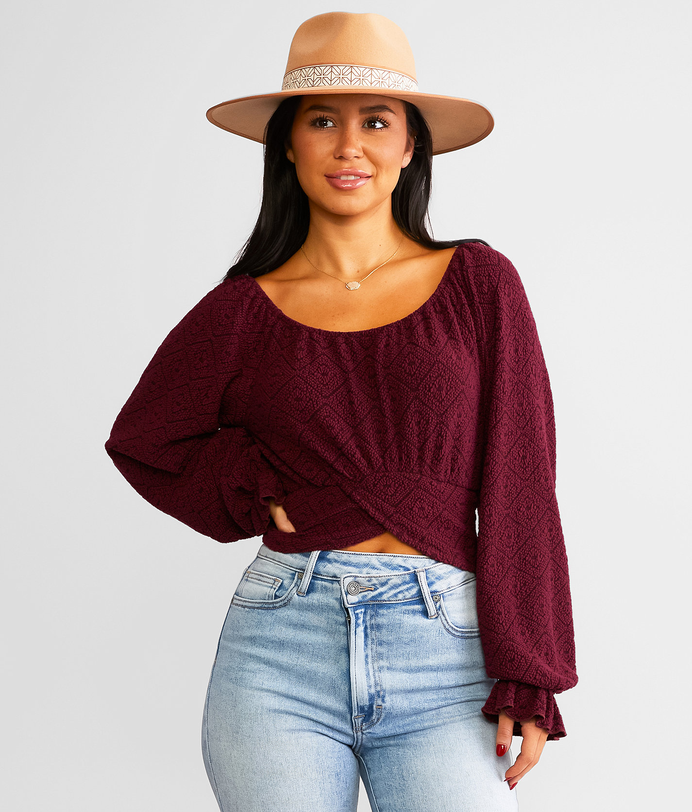 Willow & Root Surplice Jacquard Top - Women's Shirts & Blouses in Burgundy