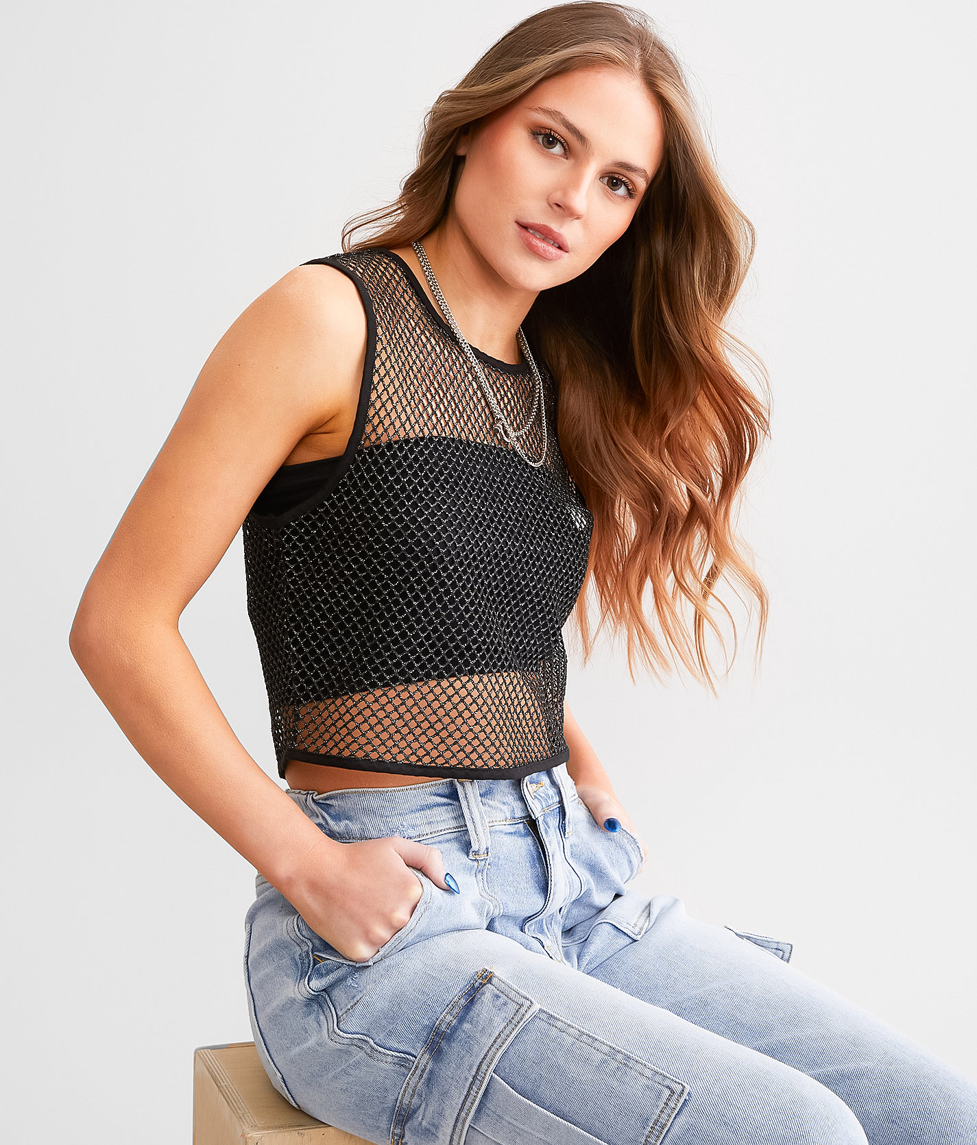 Gilded Intent Metallic Netted Tank Top - Women's Tank Tops in Black Silver