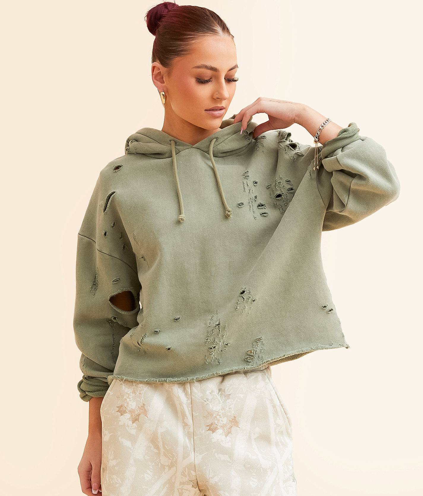 Gilded Intent Destructed Hoodie - Women's Sweatshirts in Oil Green