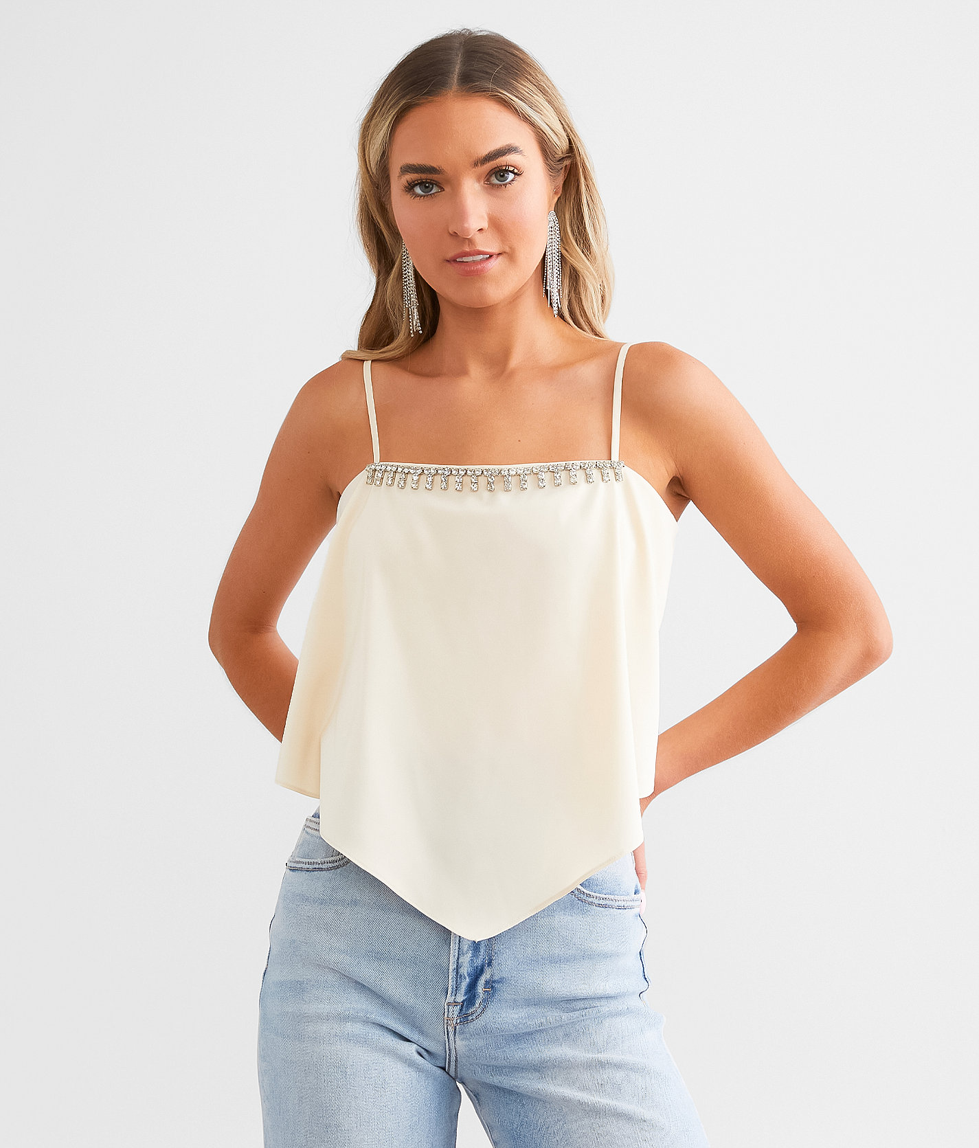 Cloud Ten Satin Hanky Rhinestone Tank Top - Women's Tank Tops in Champagne