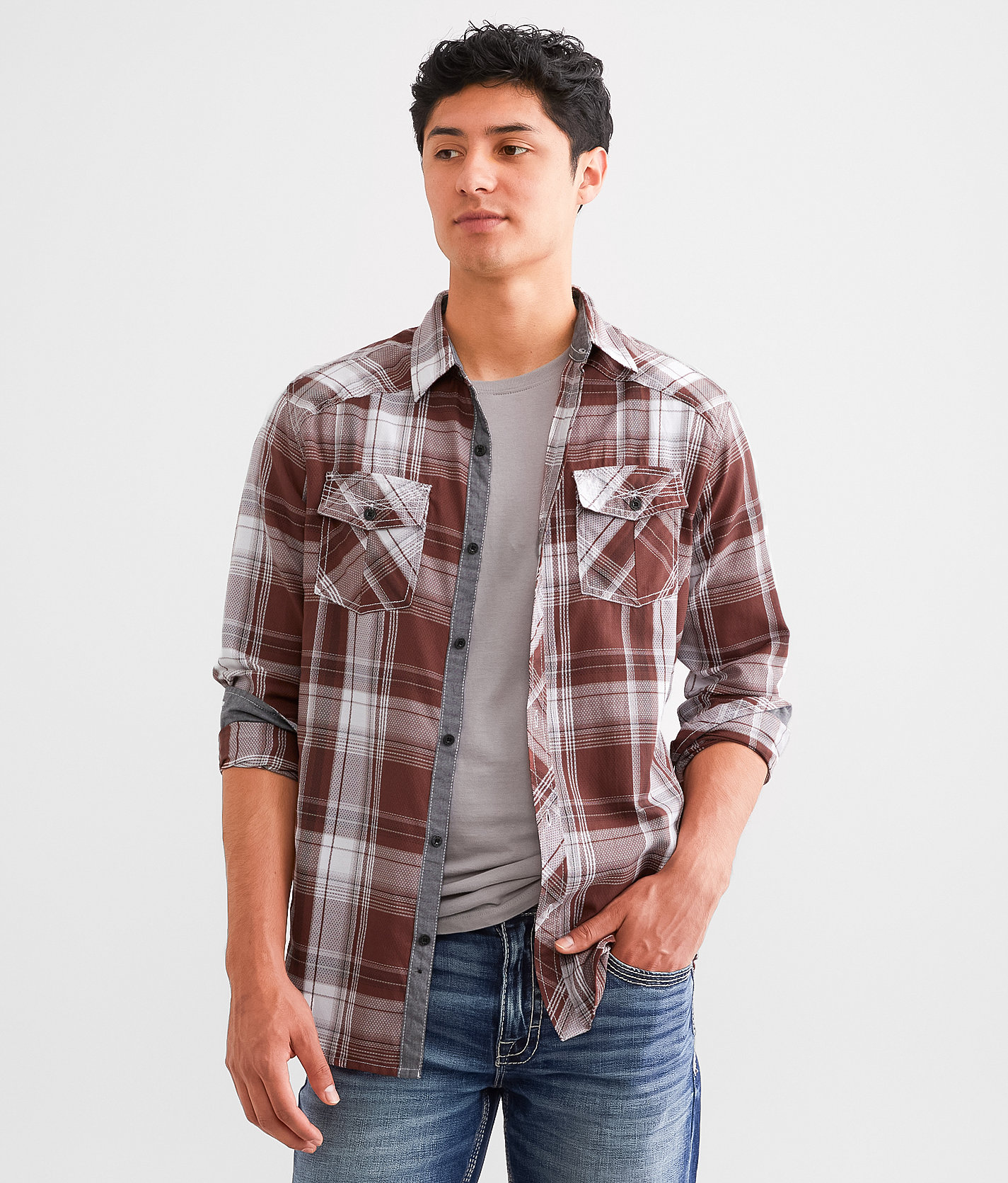 BKE Plaid Athletic Shirt - Men's Shirts in White Brown