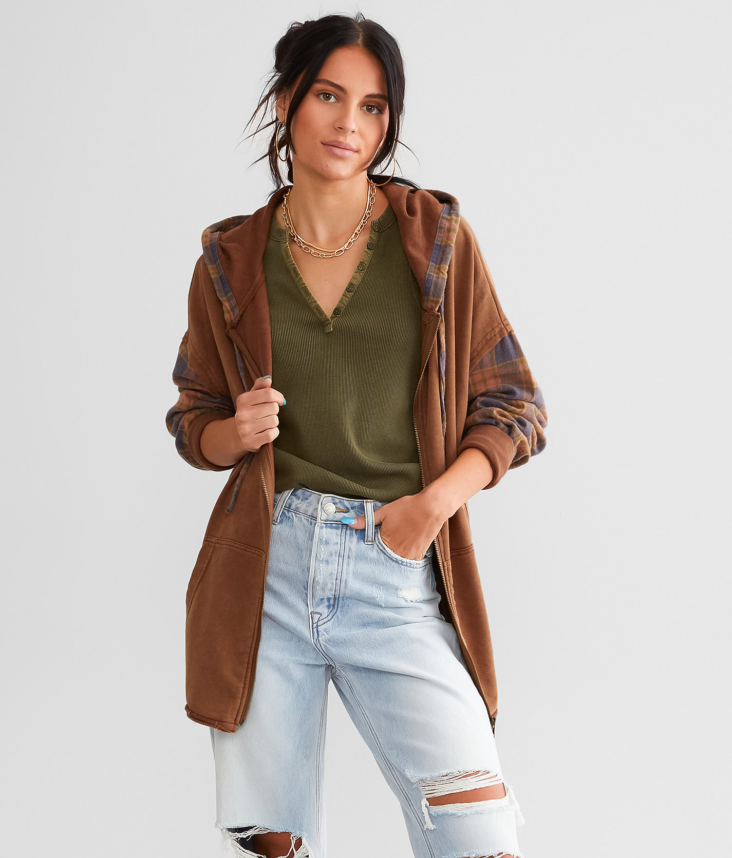 Gilded Intent Pieced Plaid Hoodie - Women's Sweatshirts in Brown