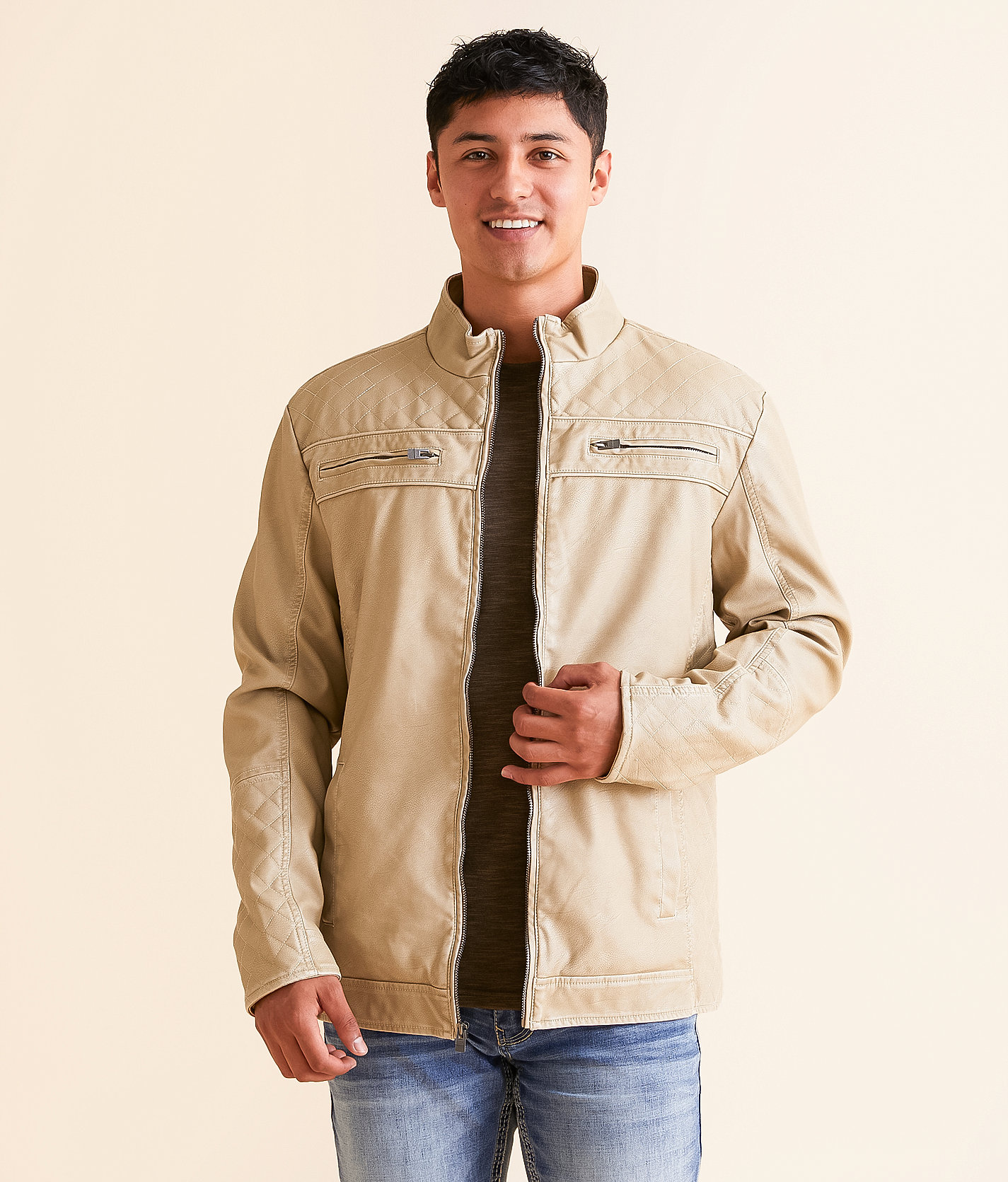 Buckle Black Quilted Pleather Jacket - Men's Coats & Jackets in Cream