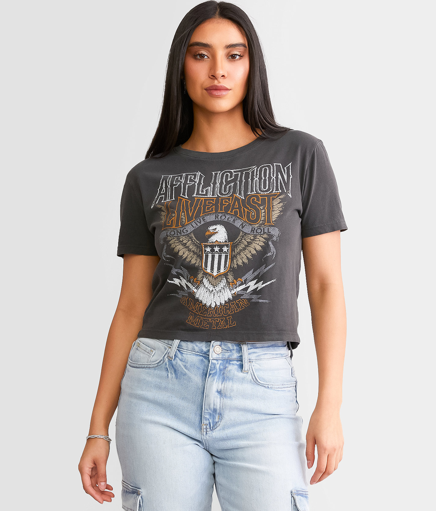 Affliction Sweet Home Cropped T-Shirt - Women's T-Shirts in Dark Charcoal Pigment Dye