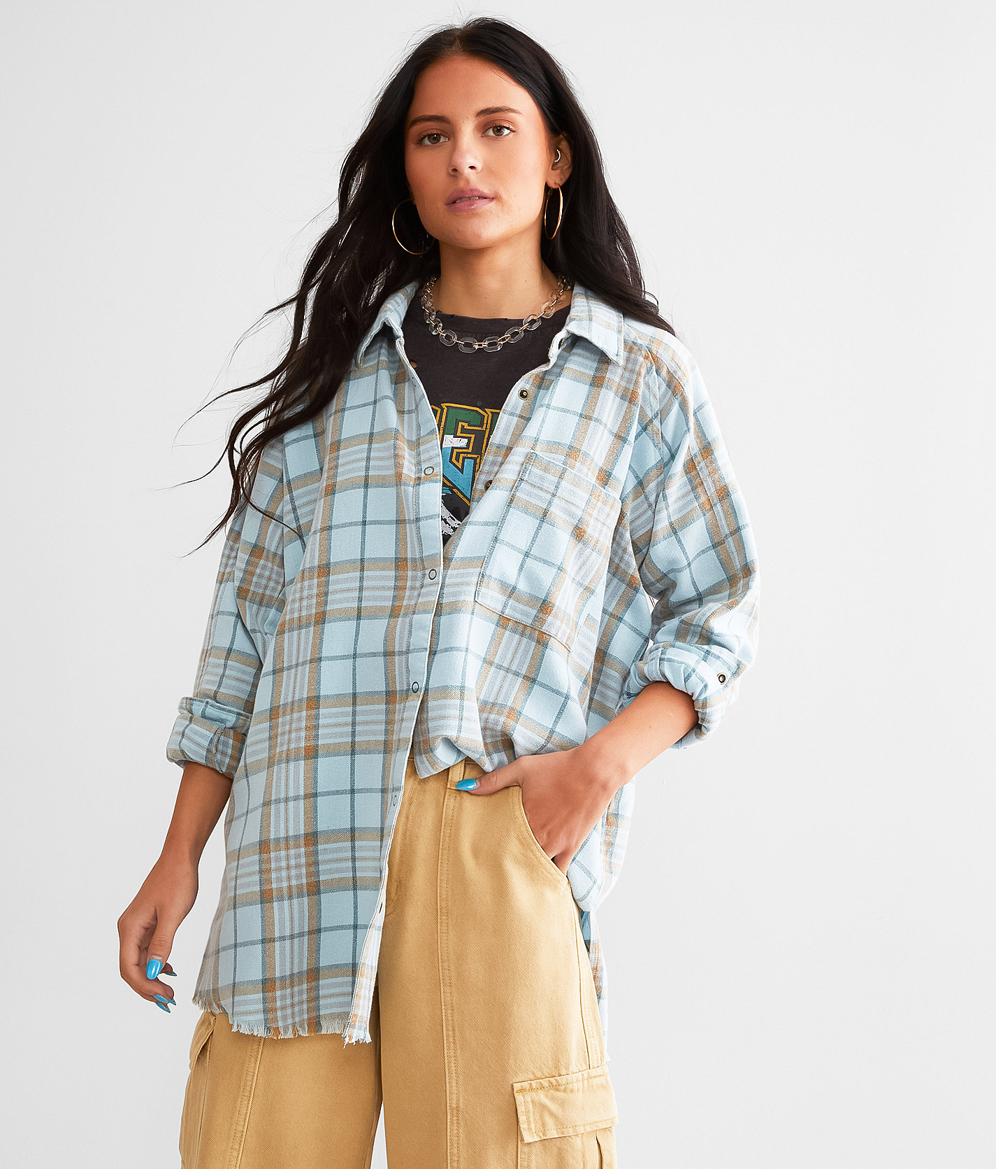 Gilded Intent Plaid Boyfriend Flannel Shirt - Women's Shirts & Blouses in Aqua Blue