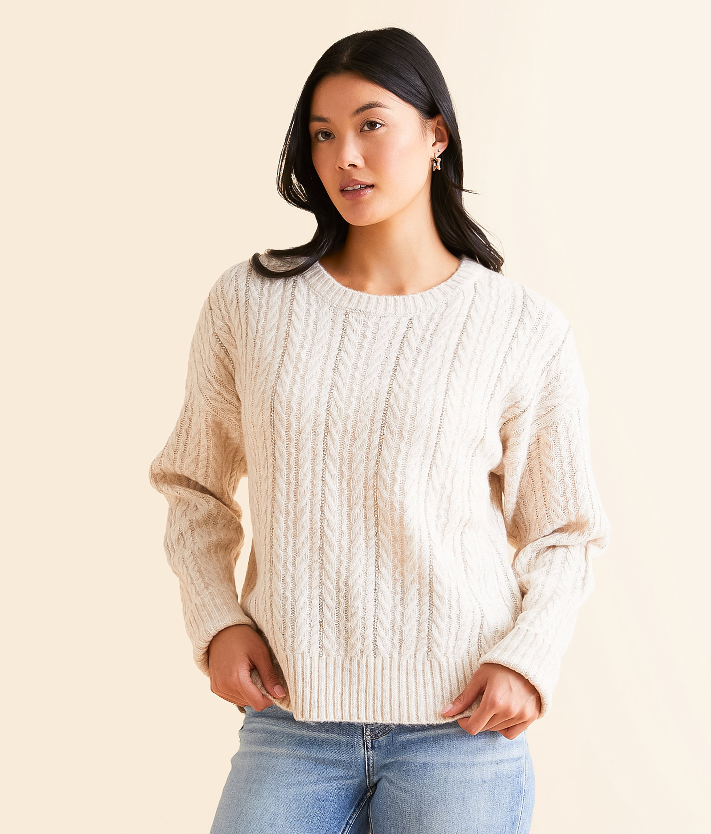 Chembery Rhinestone Cable Knit Sweater - Women's Sweaters in Beige