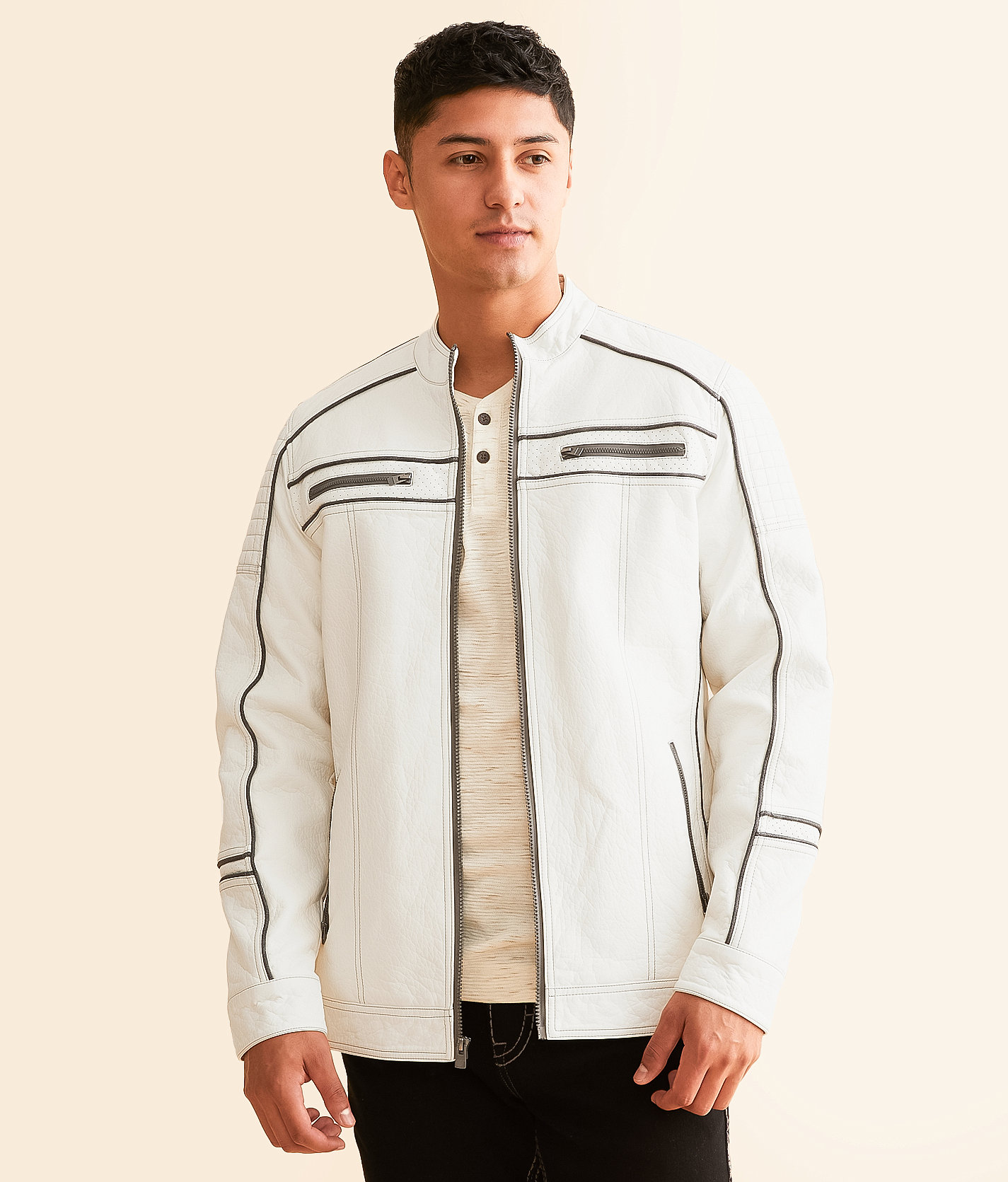 Buckle Black Faux Leather Jacket - Men's Coats & Jackets in White