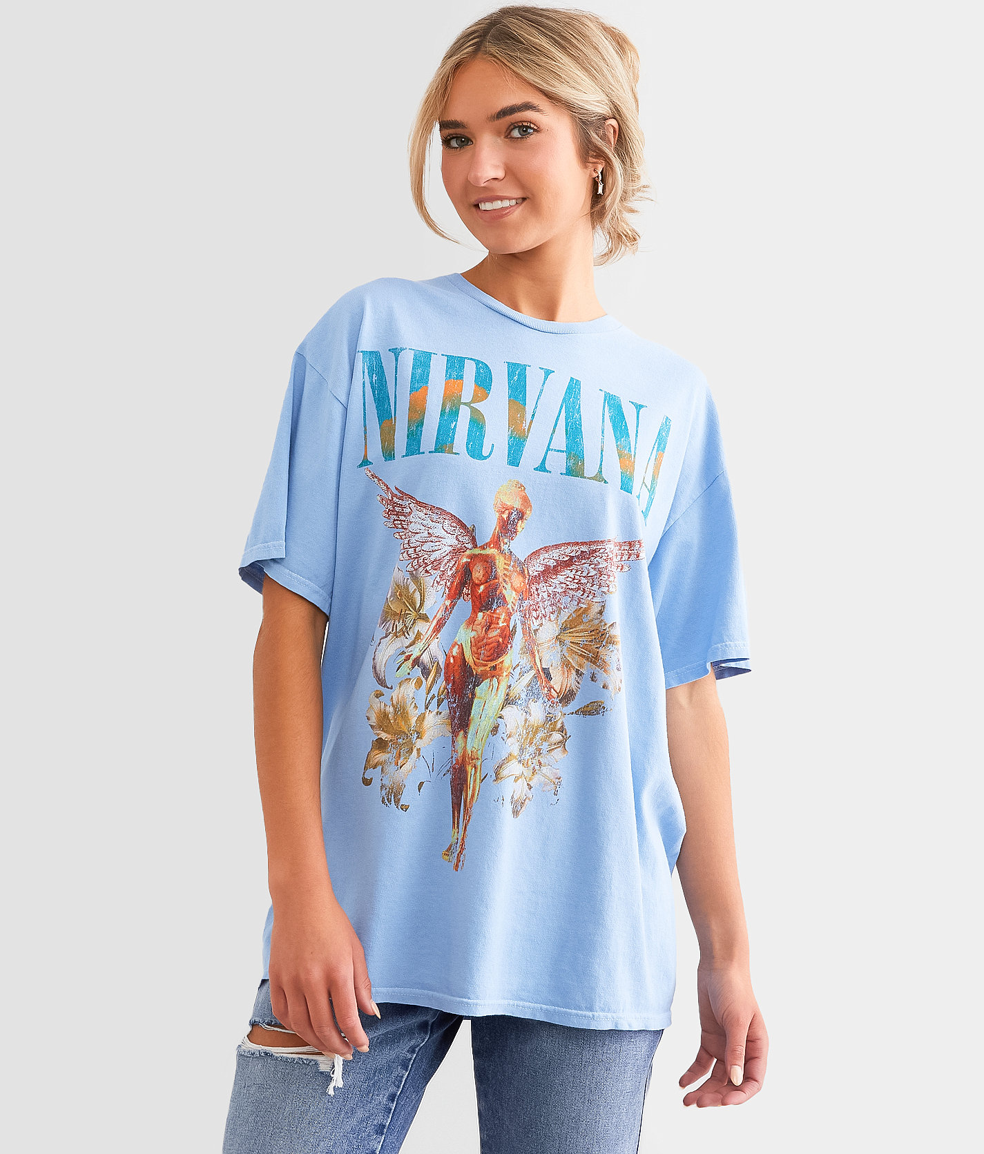 Merch Traffic Nirvana® Angel Oversized Band T-Shirt - Women's T-Shirts in Light Blue