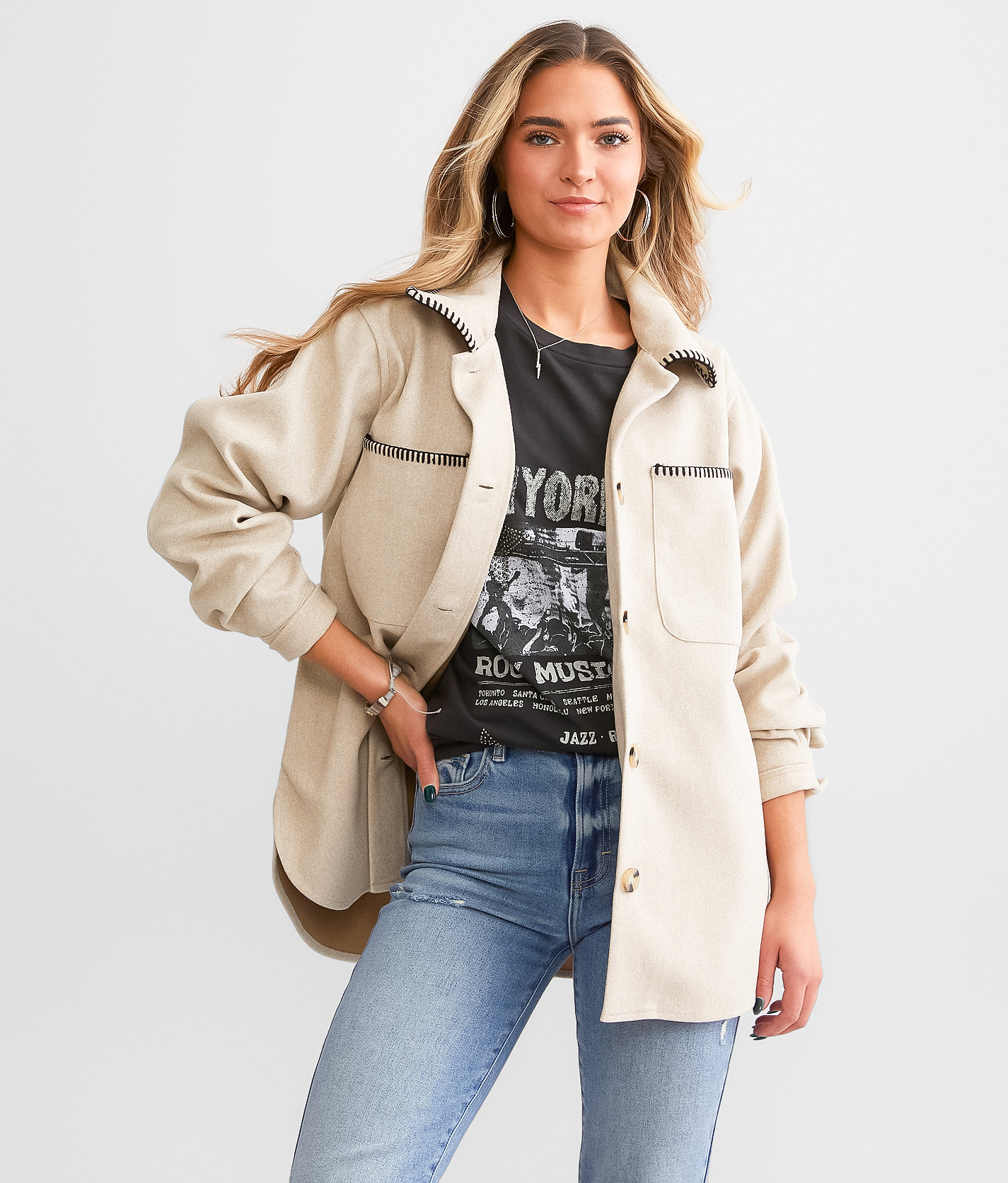 BKE Whipstitch Shacket - Women's Coats & Jackets in Beige