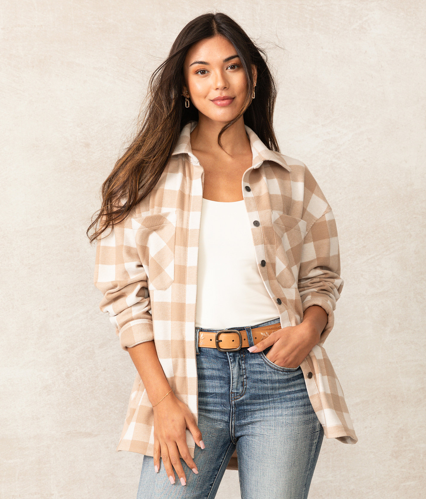 Buckle Black Aurora Plaid Knit Shacket - Women's Coats & Jackets in Natural Cream