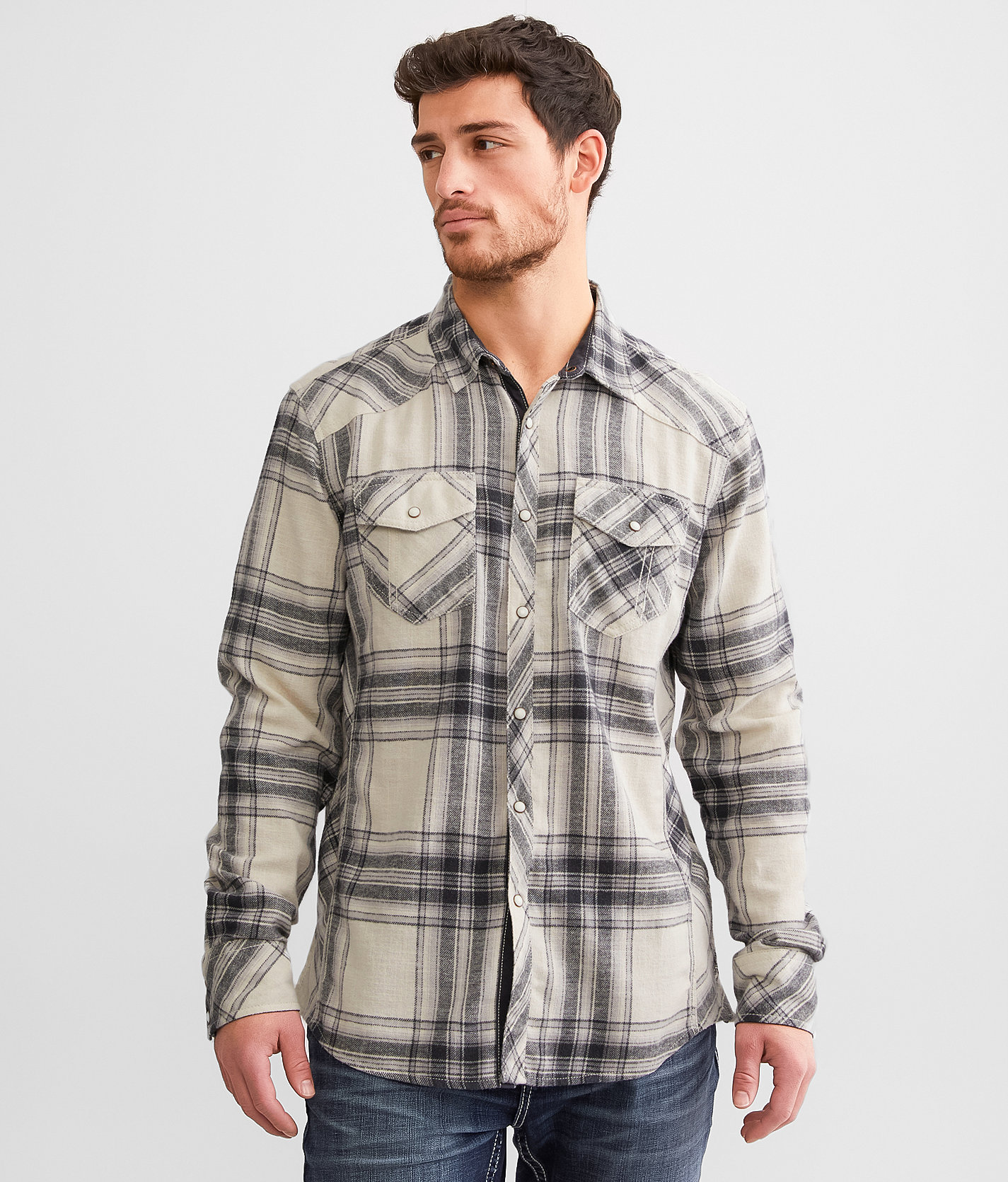 BKE Plaid Athletic Shirt - Men's Shirts in Cream Navy Grey