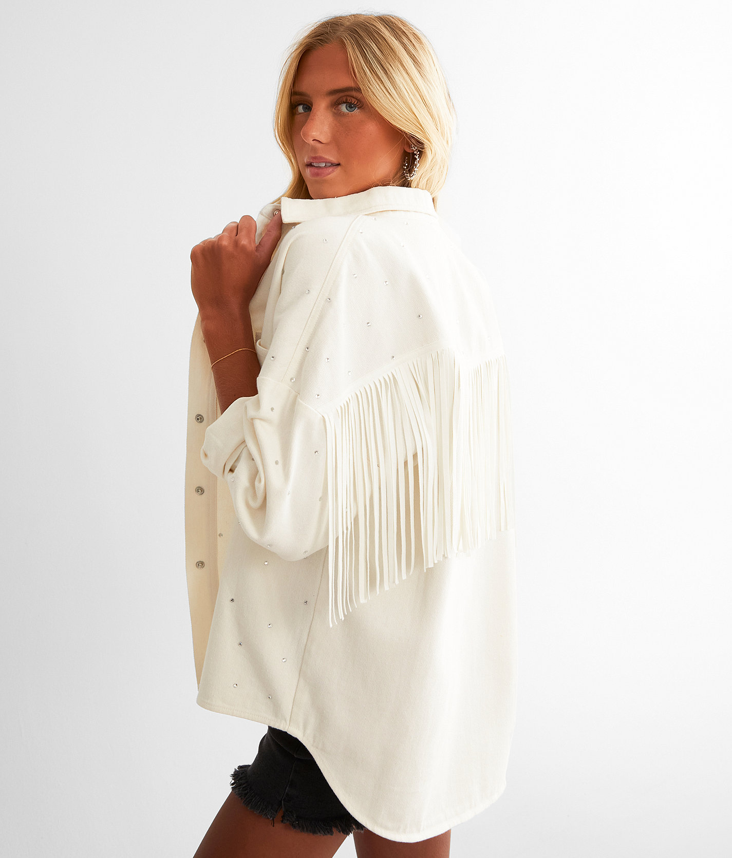 Blue B Rhinestone Fringe Denim Jacket - Women's Coats & Jackets in White
