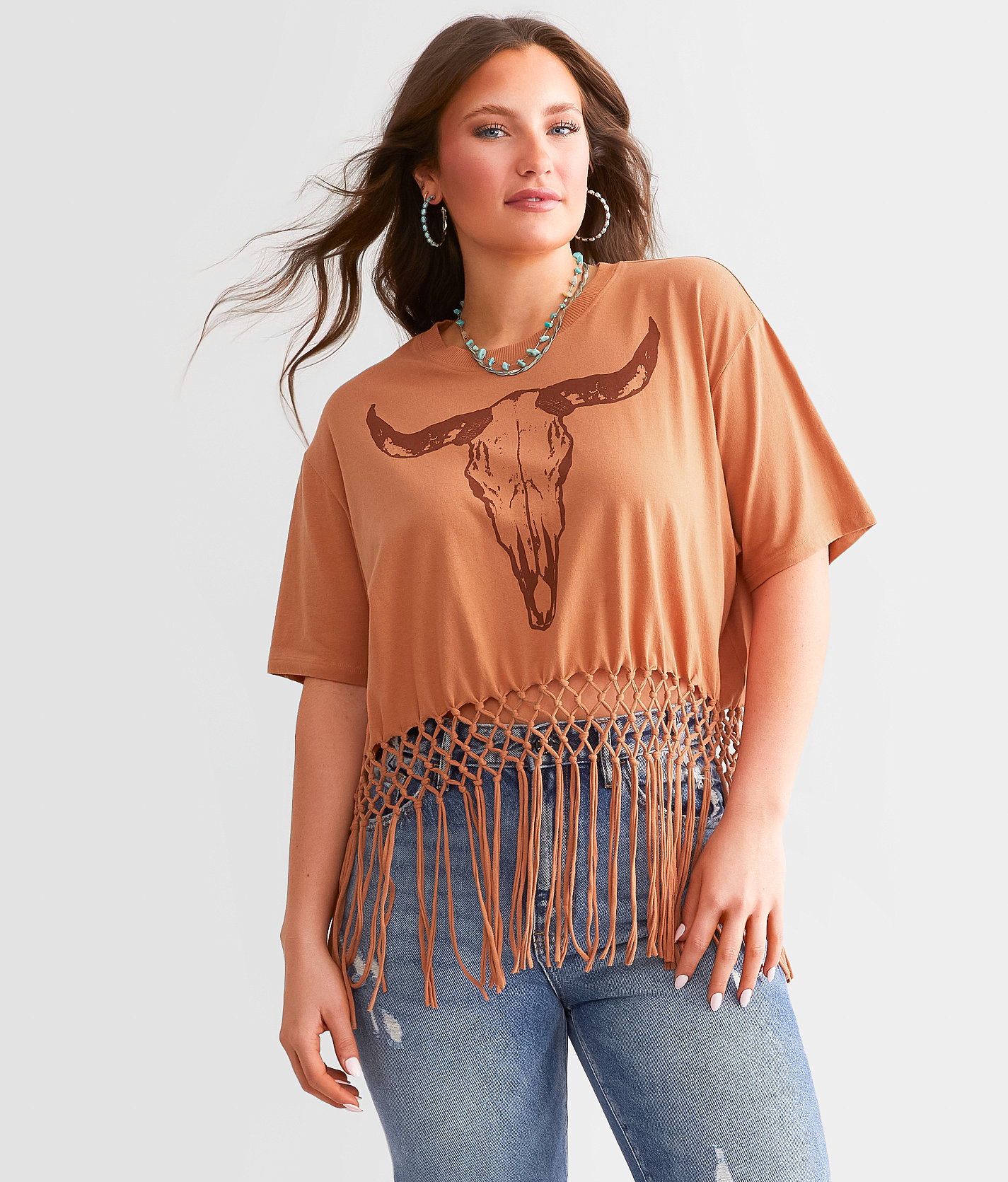 Modish Rebel Steer Macrame Fringe Cropped T-Shirt - Women's T-Shirts in Cafe Cream