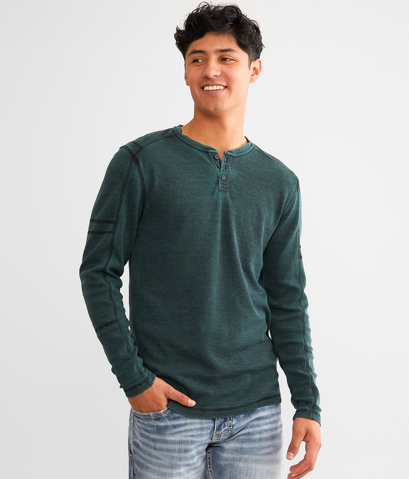 Buckle Black Burnout Thermal Henley - Men's T-Shirts in Teal Black