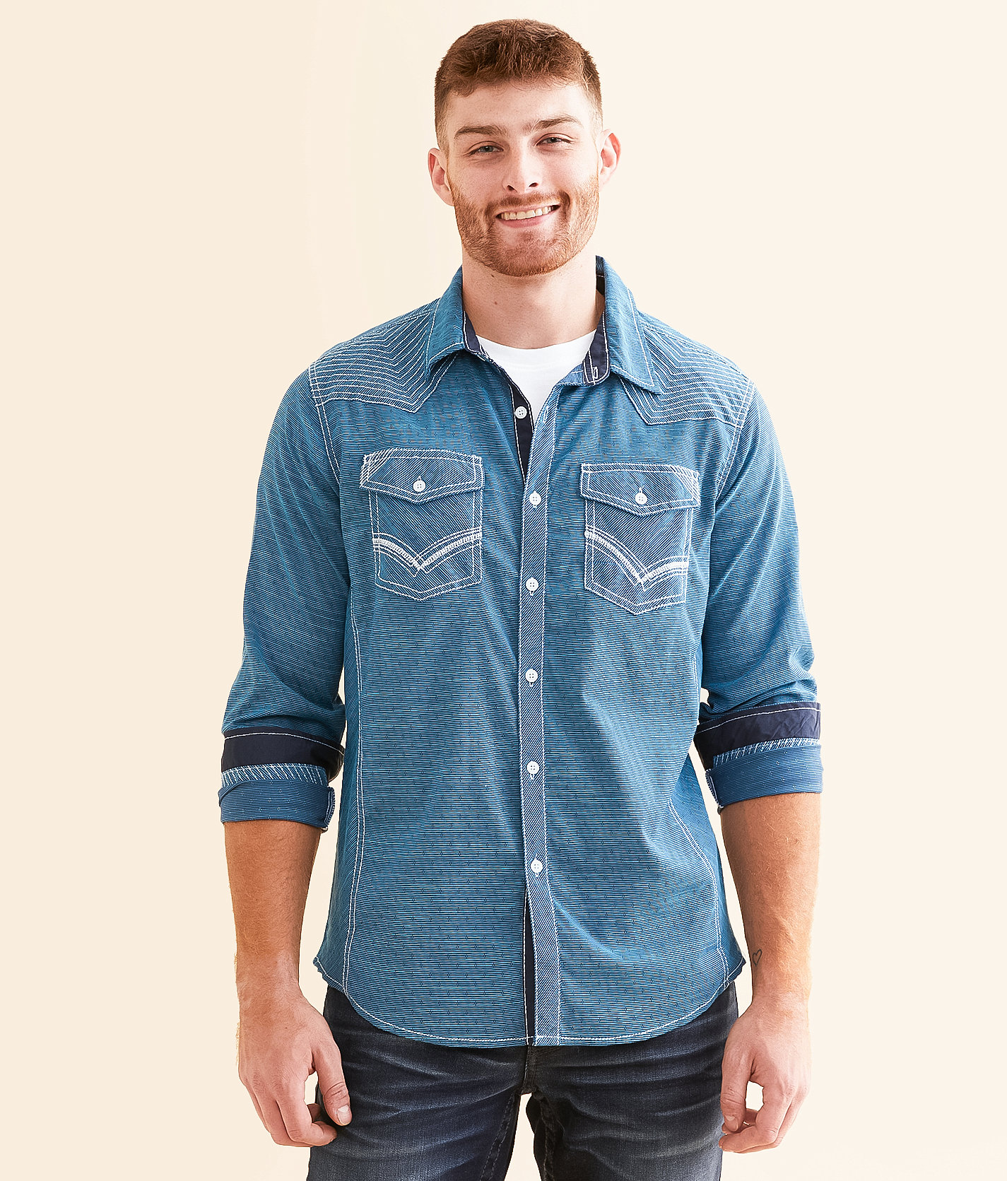 Buckle Black Embroidered Standard Stretch Shirt - Men's Shirts in Blue