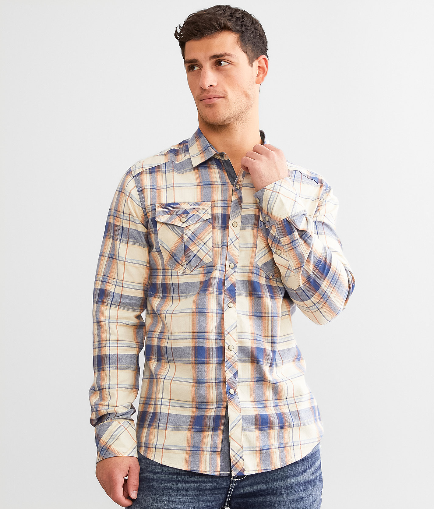 BKE Plaid Athletic Shirt - Men's Shirts in Cream Navy Orange