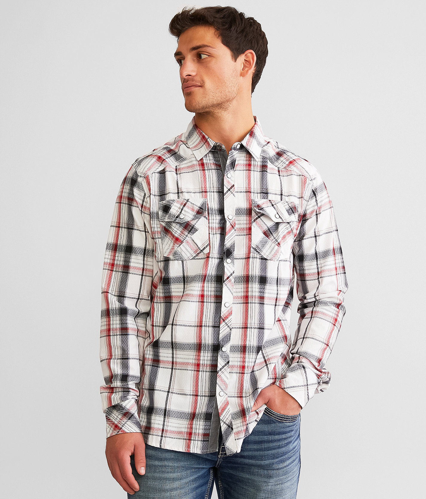 BKE Plaid Athletic Shirt - Men's Shirts in White Red
