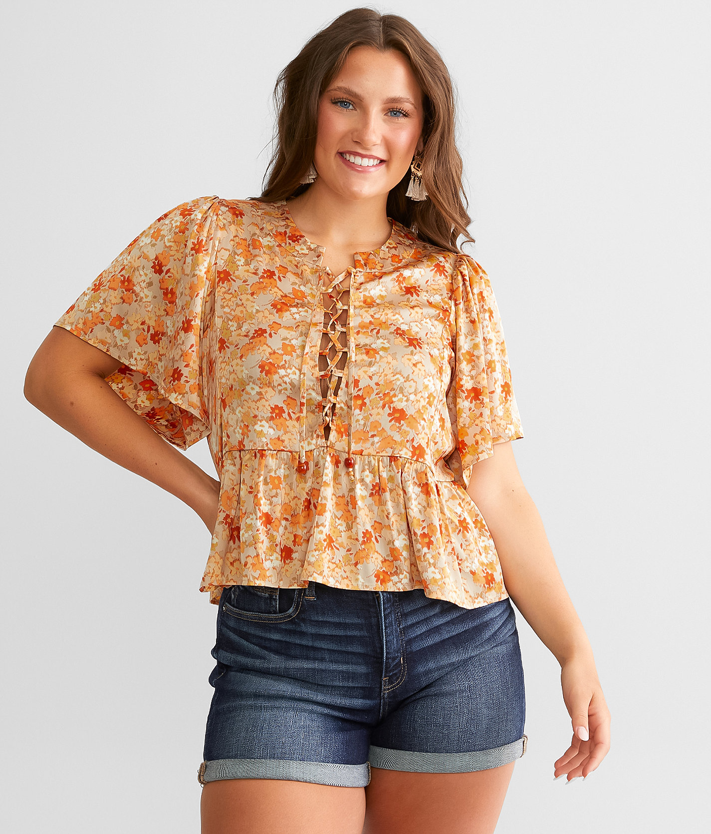 Daytrip Floral Satin Peplum Top - Women's Shirts & Blouses in Rust Tan