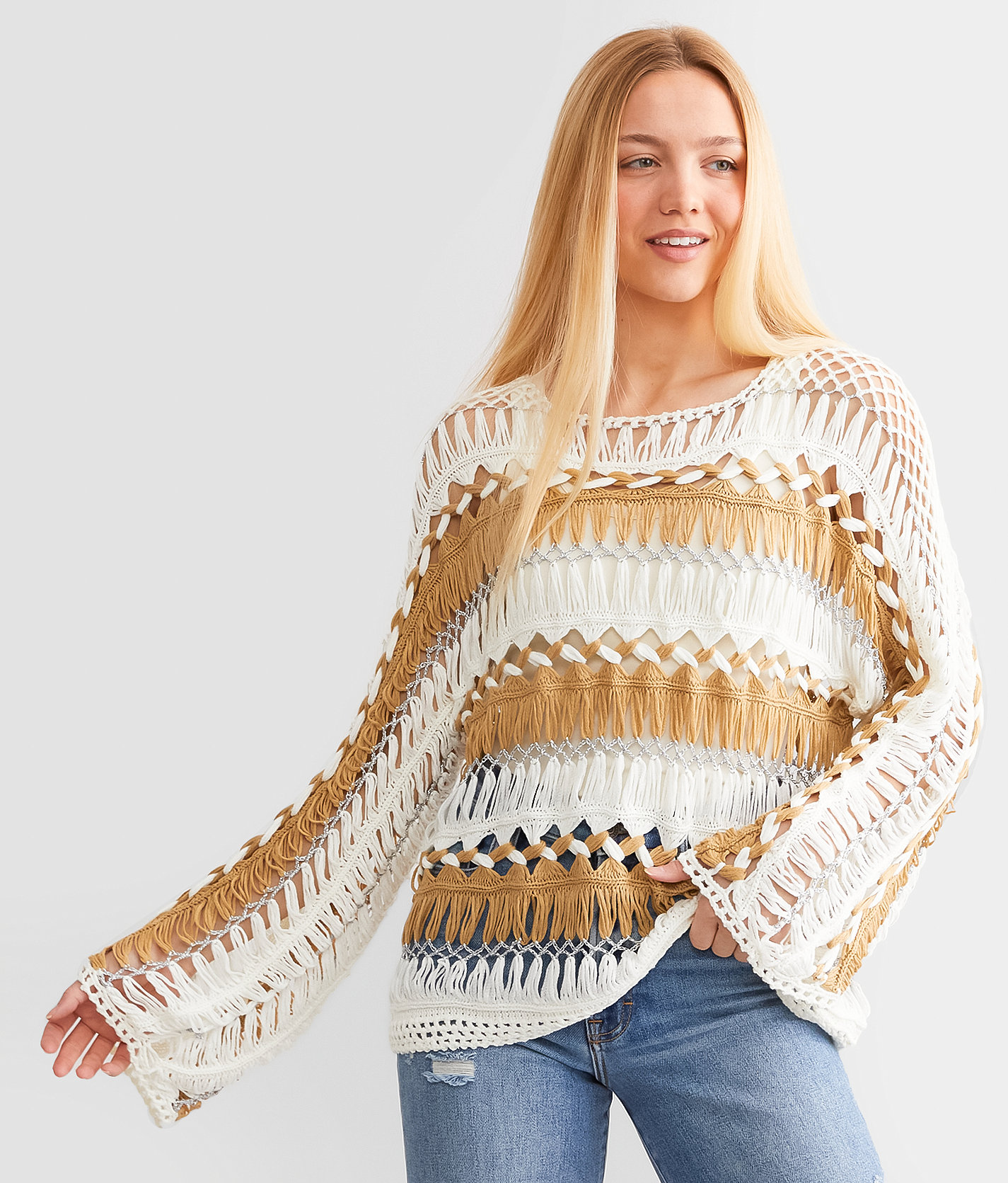 Rain + Rose Striped Sweater - Women's Sweaters in Cream Tan