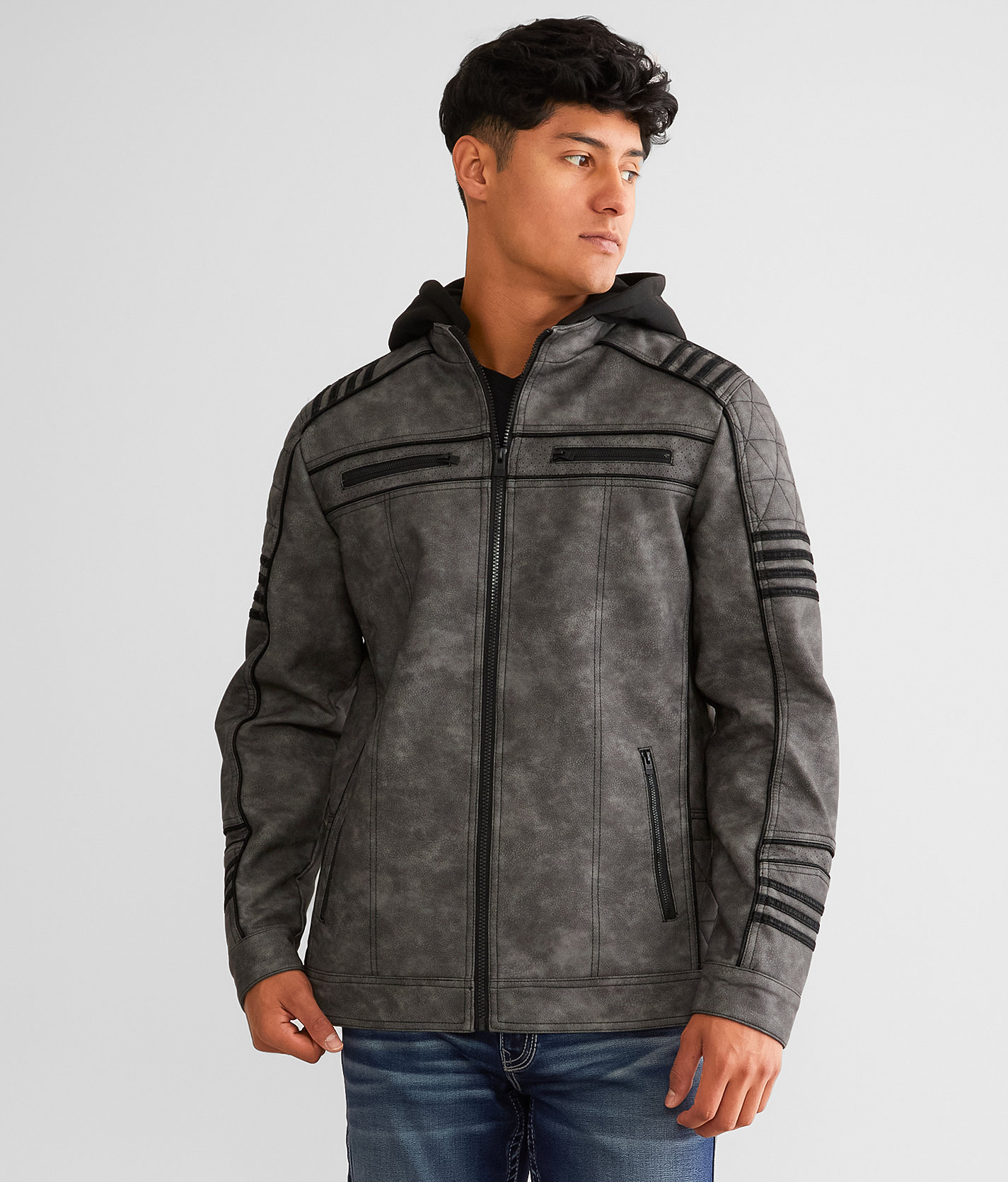 Buckle Black Faux Leather Hooded Jacket - Men's Coats & Jackets in Grey