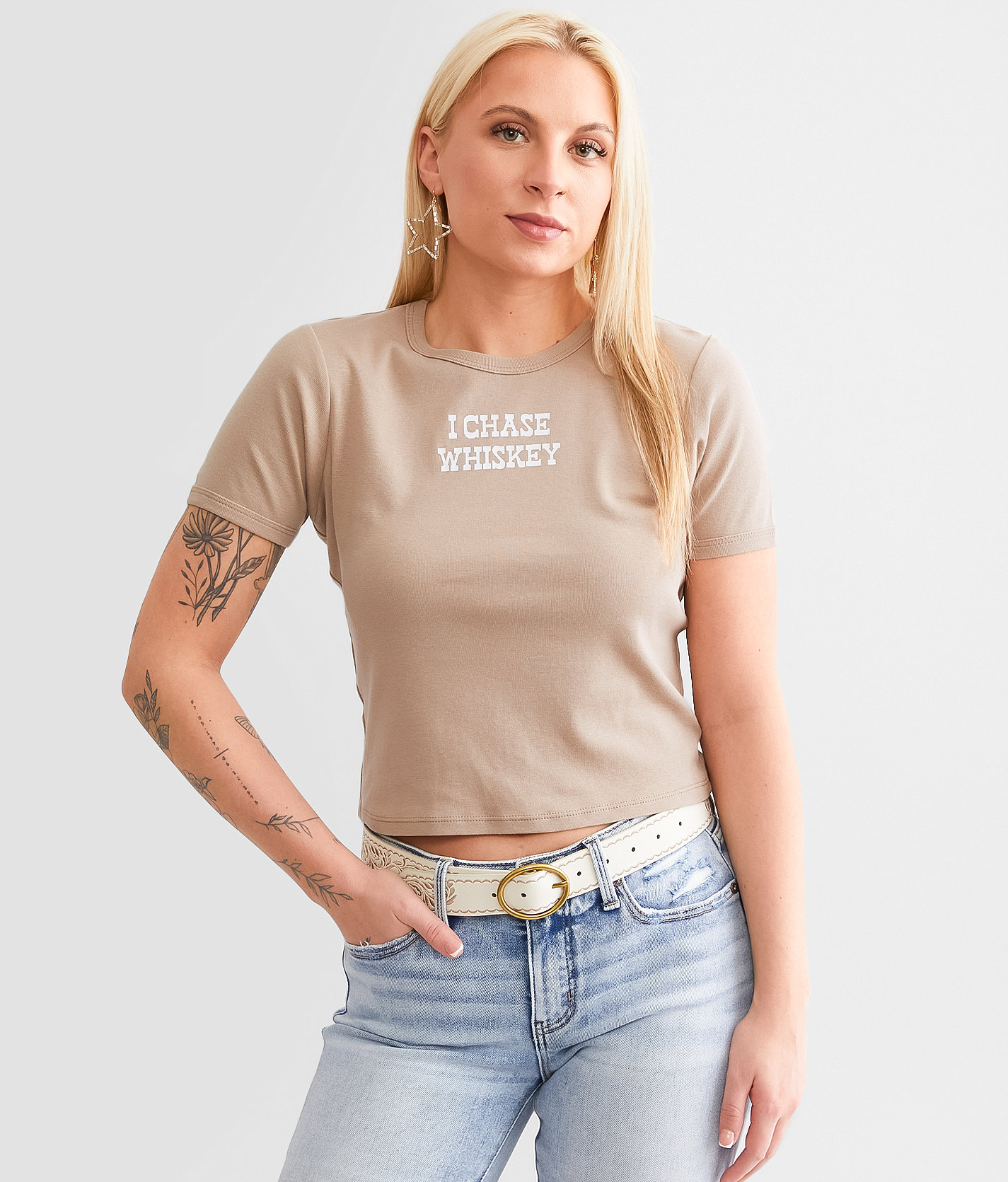 Modish Rebel I Chase Whiskey Baby Cropped T-Shirt - Women's T-Shirts in Macadamia