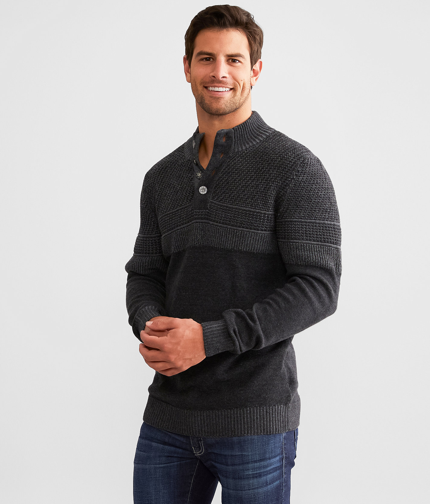 BKE Textured Henley Sweater - Men's Sweaters in Charcoal Heather