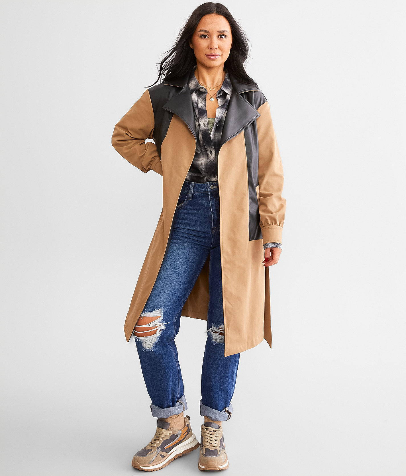 Vigoss Pieced Trench Coat - Women's Coats & Jackets in Tan Black