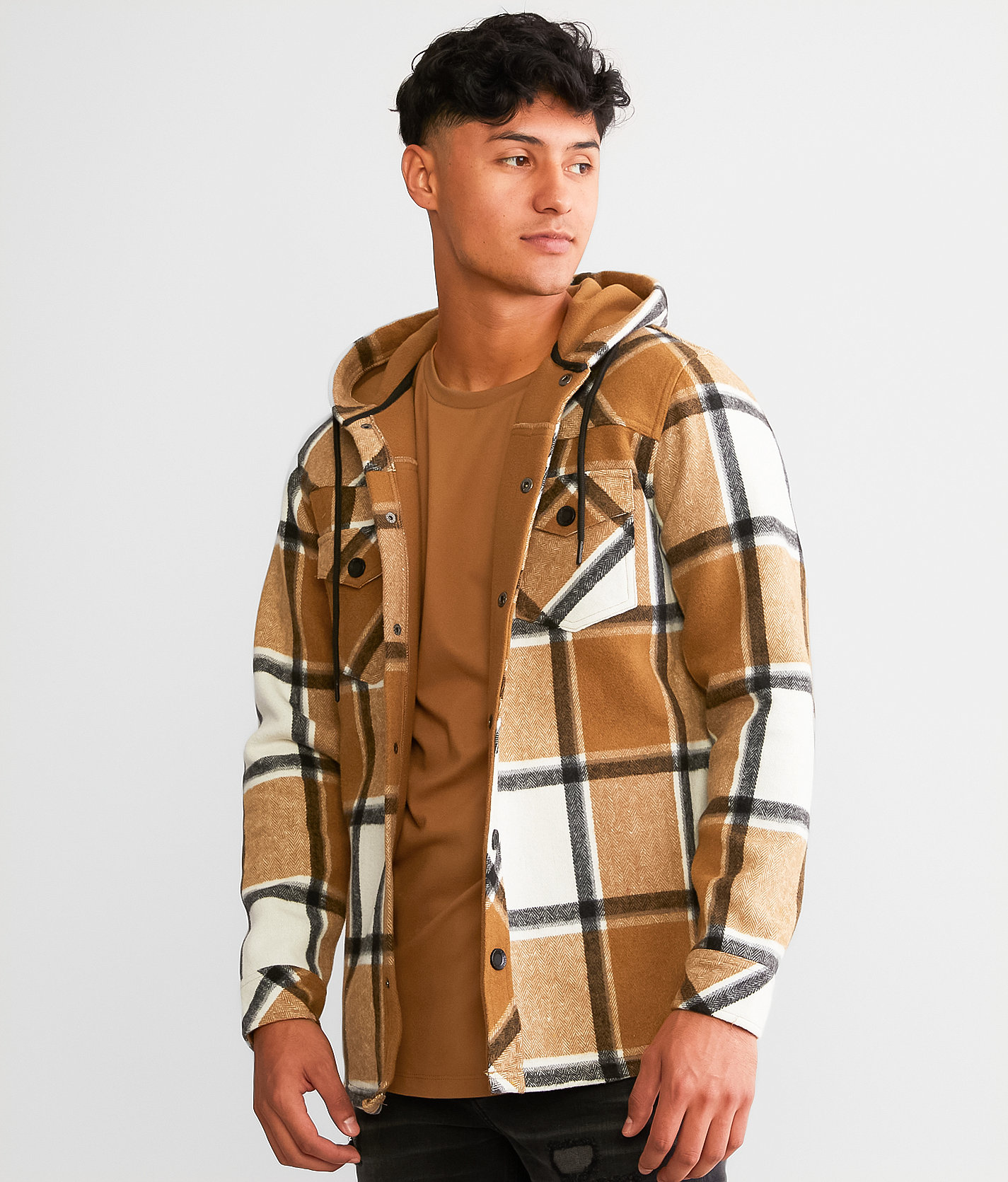 Departwest Plaid Hooded Shacket - Men's Coats & Jackets in Cream Tobacco