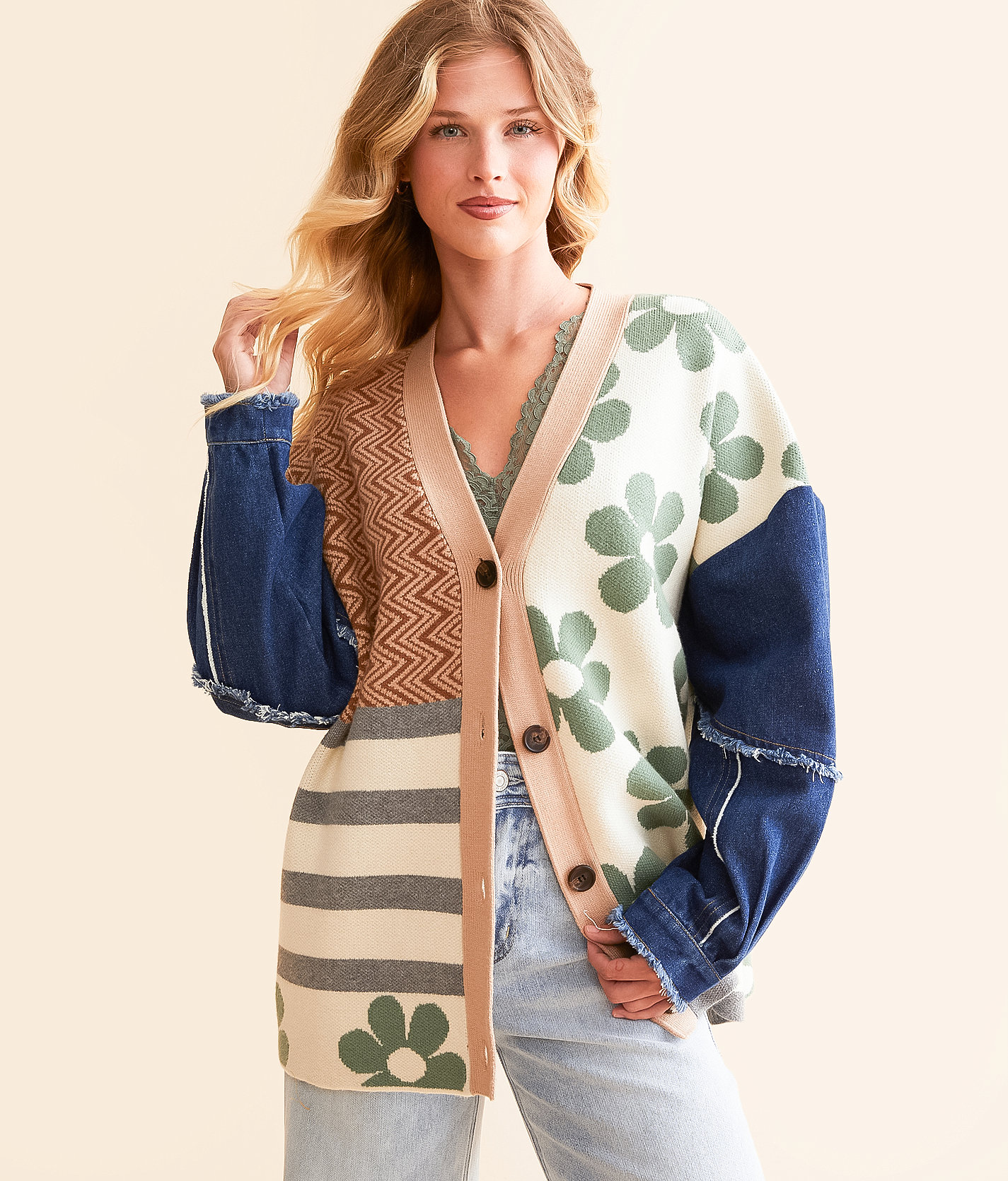 Blue Blush Pieced Cardigan Sweater - Women's Sweaters in Navy and Taupe Multi