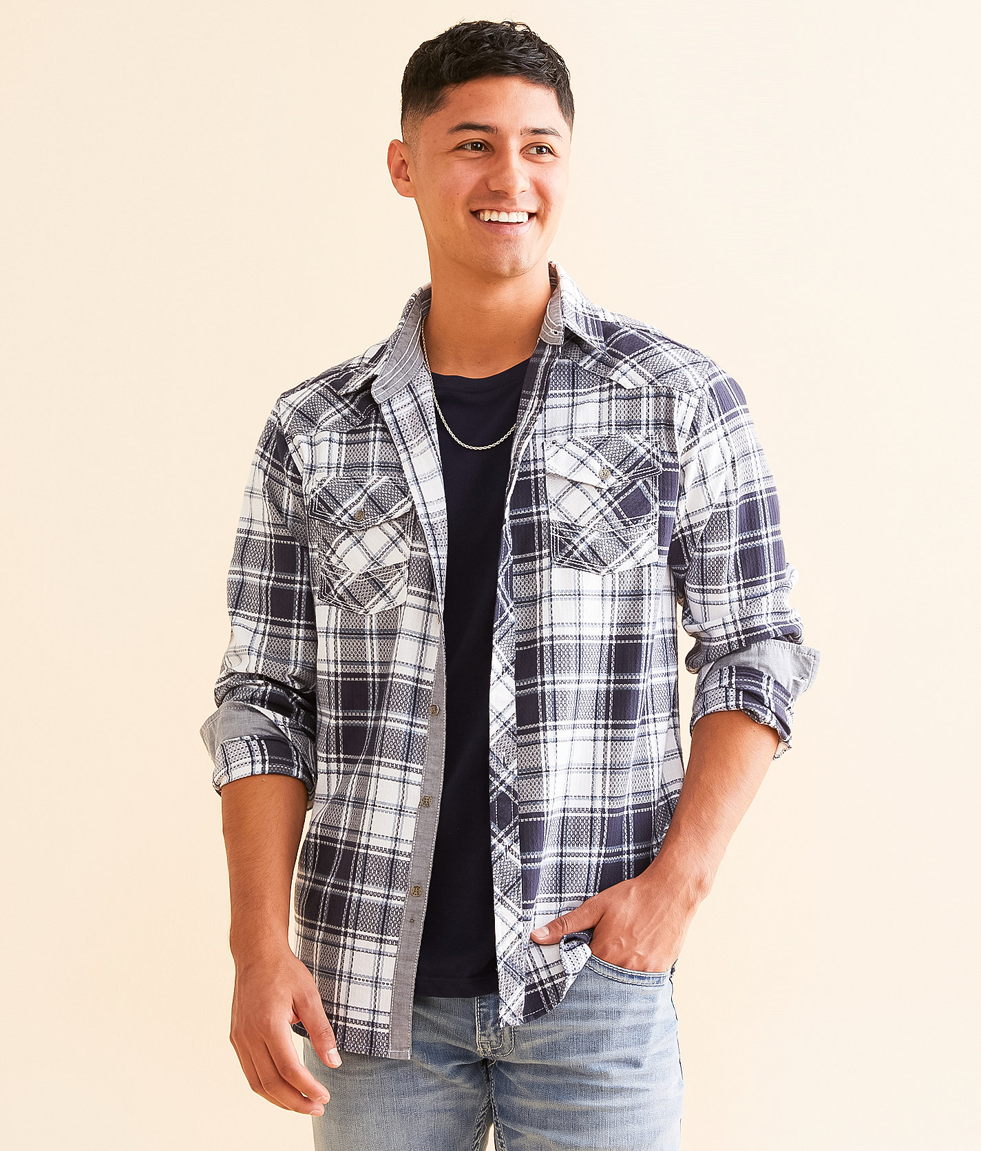 BKE Plaid Athletic Shirt - Men's Shirts in White Blue