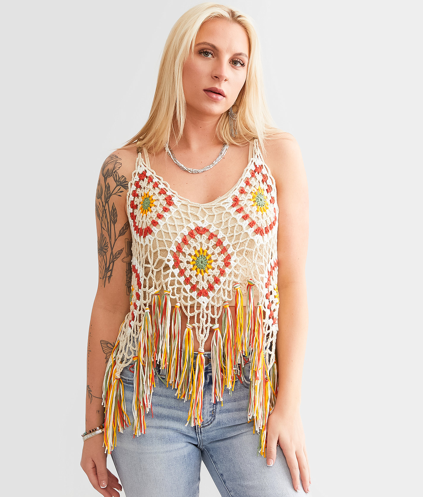 Miss Me Crochet Fringe Tank Top - Women's Tank Tops in Multi Beige